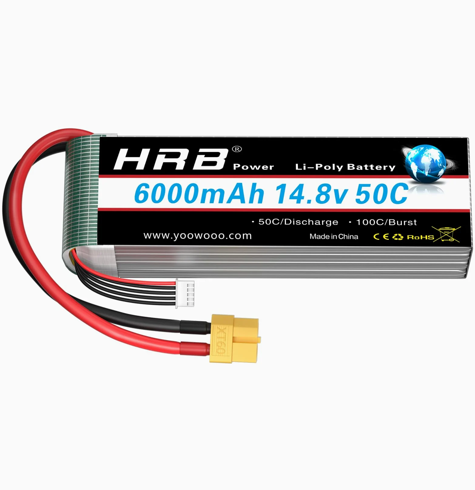 HRB 14.8V 6000mAh 4S Lipo Batería 50C con Enchufe XT60 para Avión RC, Helicóptero RC, Coche RC, Camión RC, Barco RC