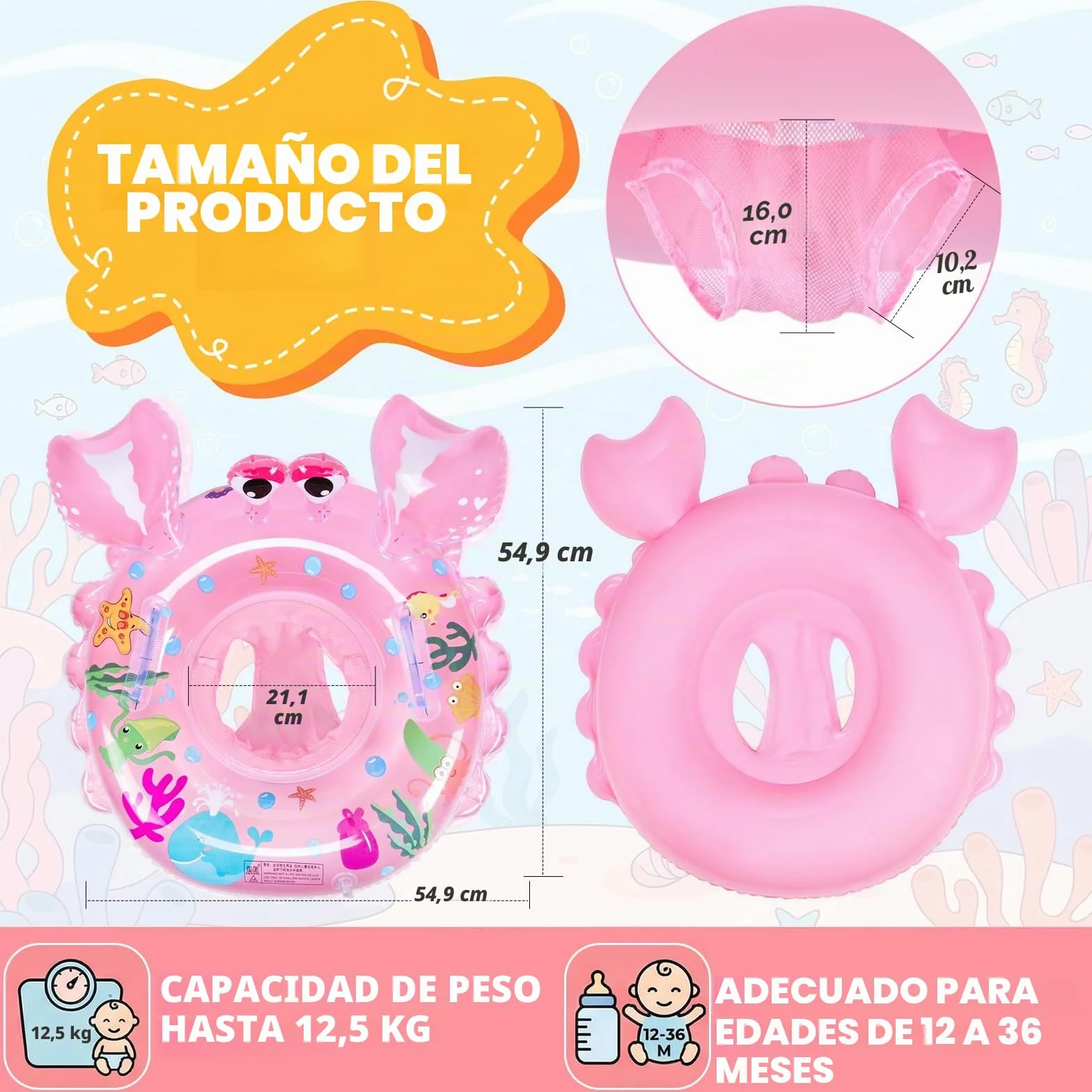 Ninonly Flotador Bebe Anillo de Natación Inflable Asiento con Bomba de Aire,2Parches de Reparación para Niños de 12 a 36 Meses Baño y Entrenamiento de Natación,Piscina,Playa,Bañera (Rosa Cangrejo)