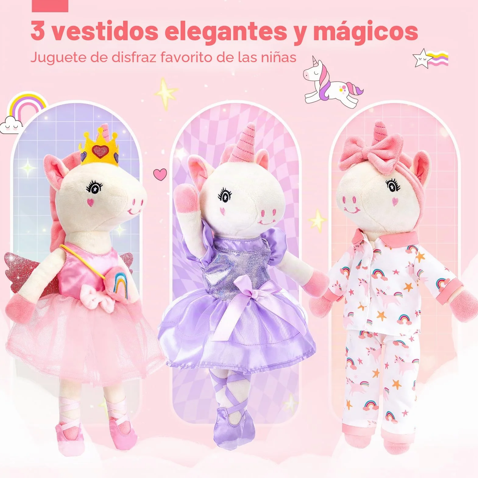 hahaland Unicornio Peluche Juguete Niña 3 años con 3 Set de Ropa y Bolsa