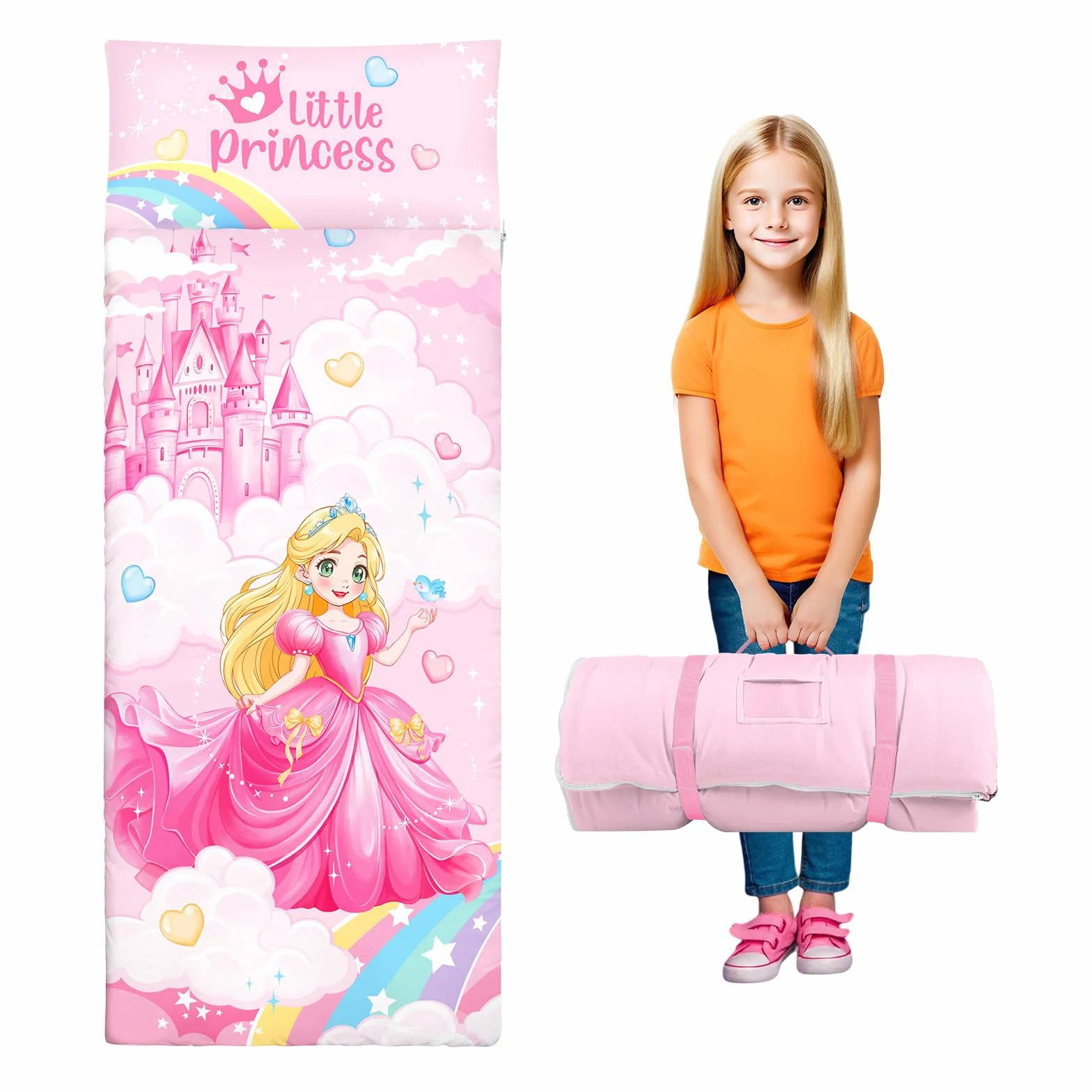 Saco de Dormir para Niños con Almohada, Tapete de Siesta para Niños y Niñas, Cálido Saco de Dormir de 150 x 60 cm, Tapete de Dormir Enrollable con Doble Cremallera