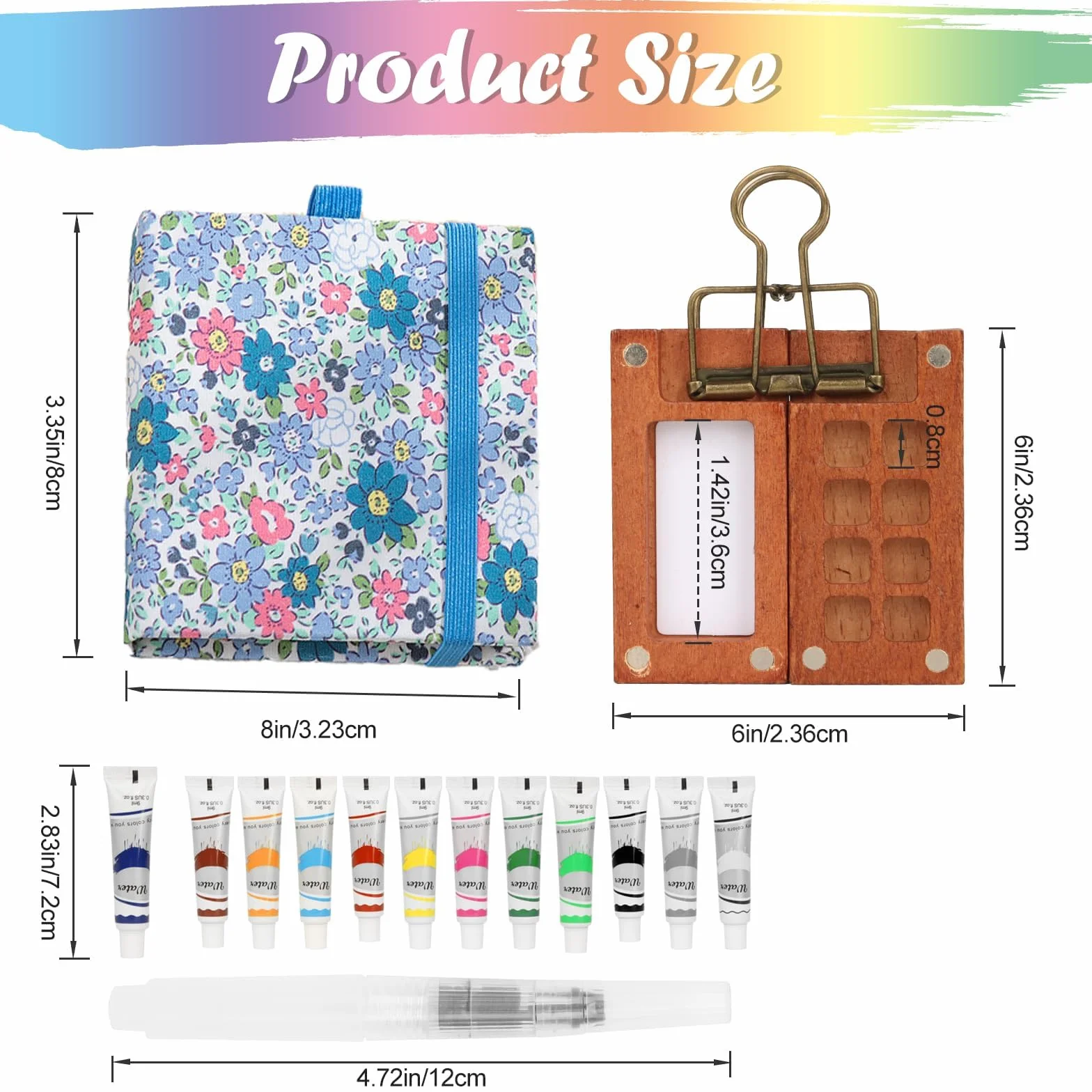 Mini Set de Acuarelas con Cuaderno y Pintura, Paquete Completo Acuarela 12 Colores Paleta Madera mini juego viaje papel acuarela, bolígrafos, clip, 8 cuadrículas para pintores, (Azul)