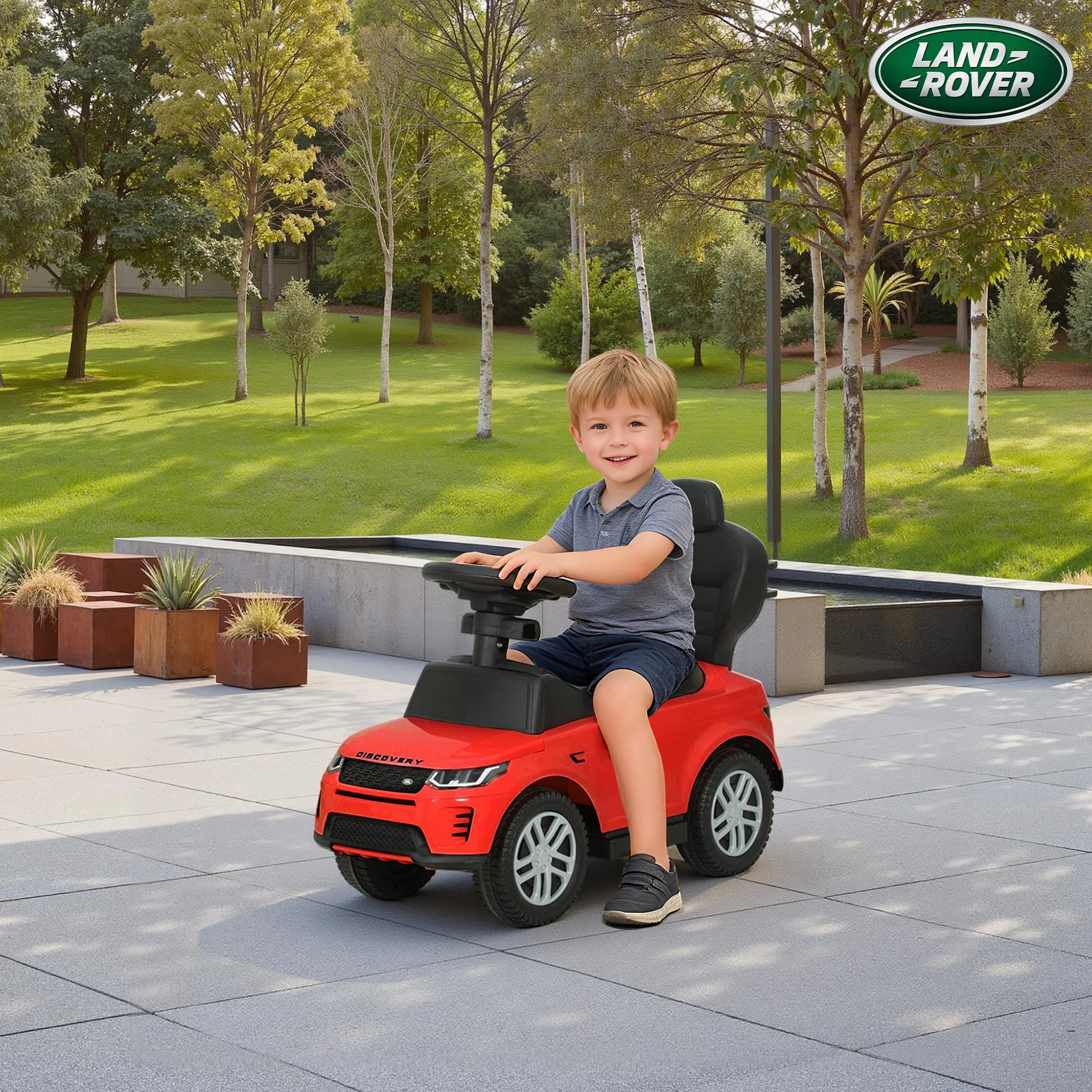 AIYAPLAY Coche Correpasillos 2 en 1 para Niños de 18-36 Meses Land Rover Discovery, Correpasillos con Espacio de Almacenaje, Bocina, Volante, Mango de Empuje y Barandilla Extraíbles, Rojo