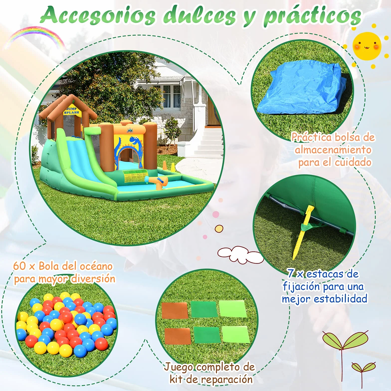 COSTWAY Parque Acuático Inflable con Tobogán, Tobogán Inflable en Tejido Oxford con Piscina Pared para Escalar Hidrante de Agua Casita Piscina con Pelotas, con Compresor