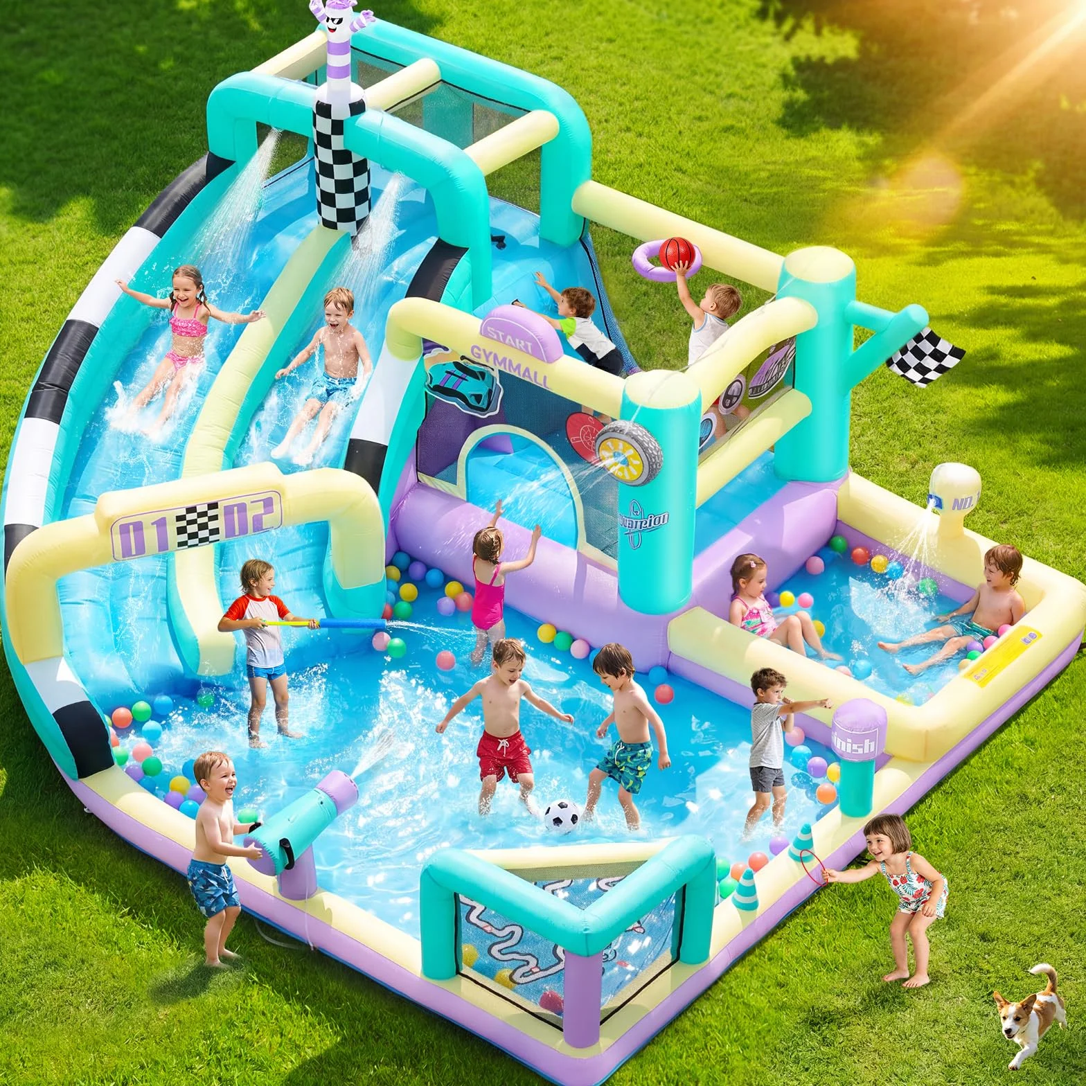 Castillo Inflable de Carreras para Niños, Gran Castillo Inflable 12 en 1 con Soplador de 750W, Doble Tobogán de Agua, Splash Pool, Zona de Salto, Apto para Interiores y Exteriores