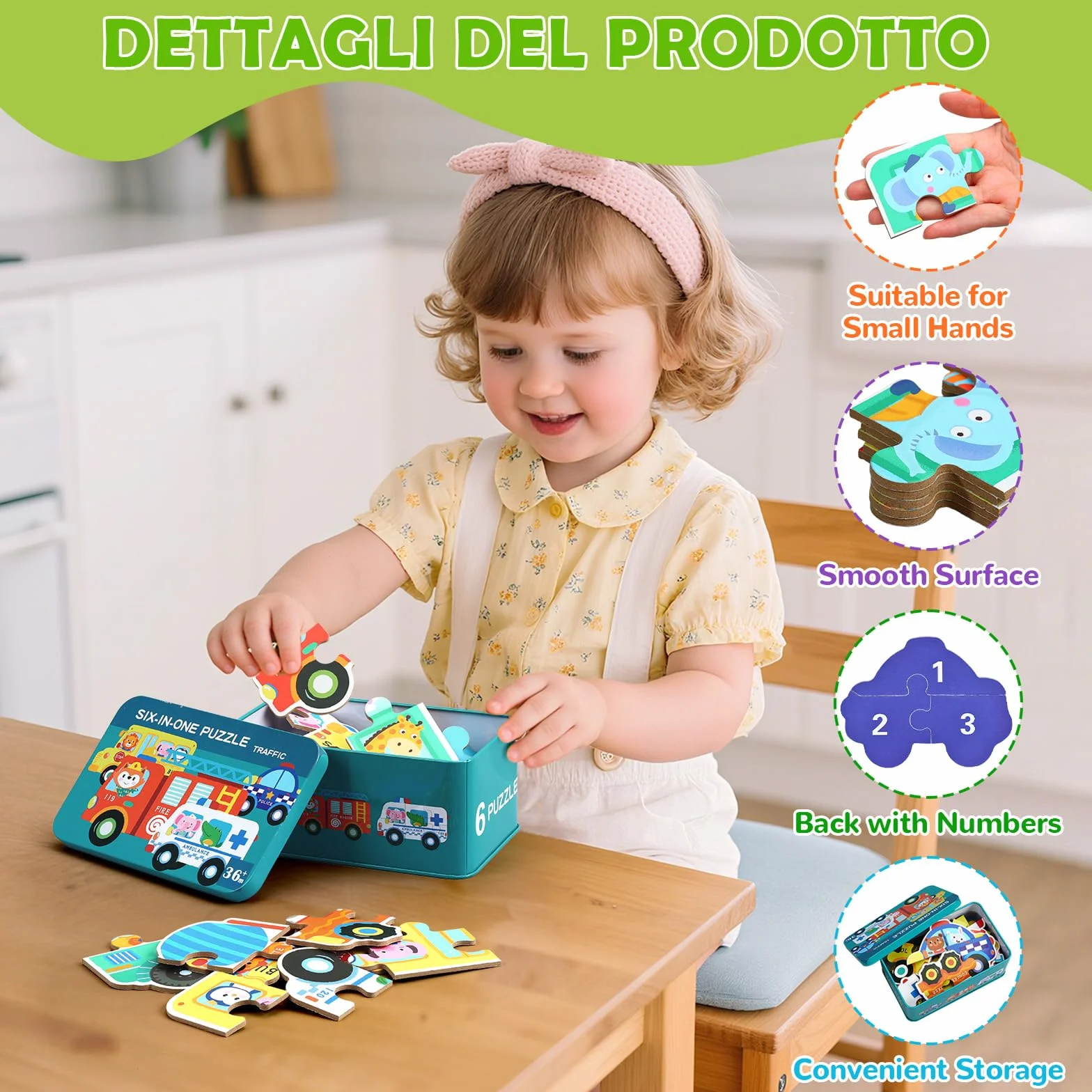 BBLIKE Puzzle 3 Años Juguetes Educativos Montessori, Puzzle Infantil 6 en 1 con Caja de Almacenamiento, Regalo para Niños 1-5 Años Conocer Animales y Automóviles, Juegos Didácticos Preescolar (Bus)