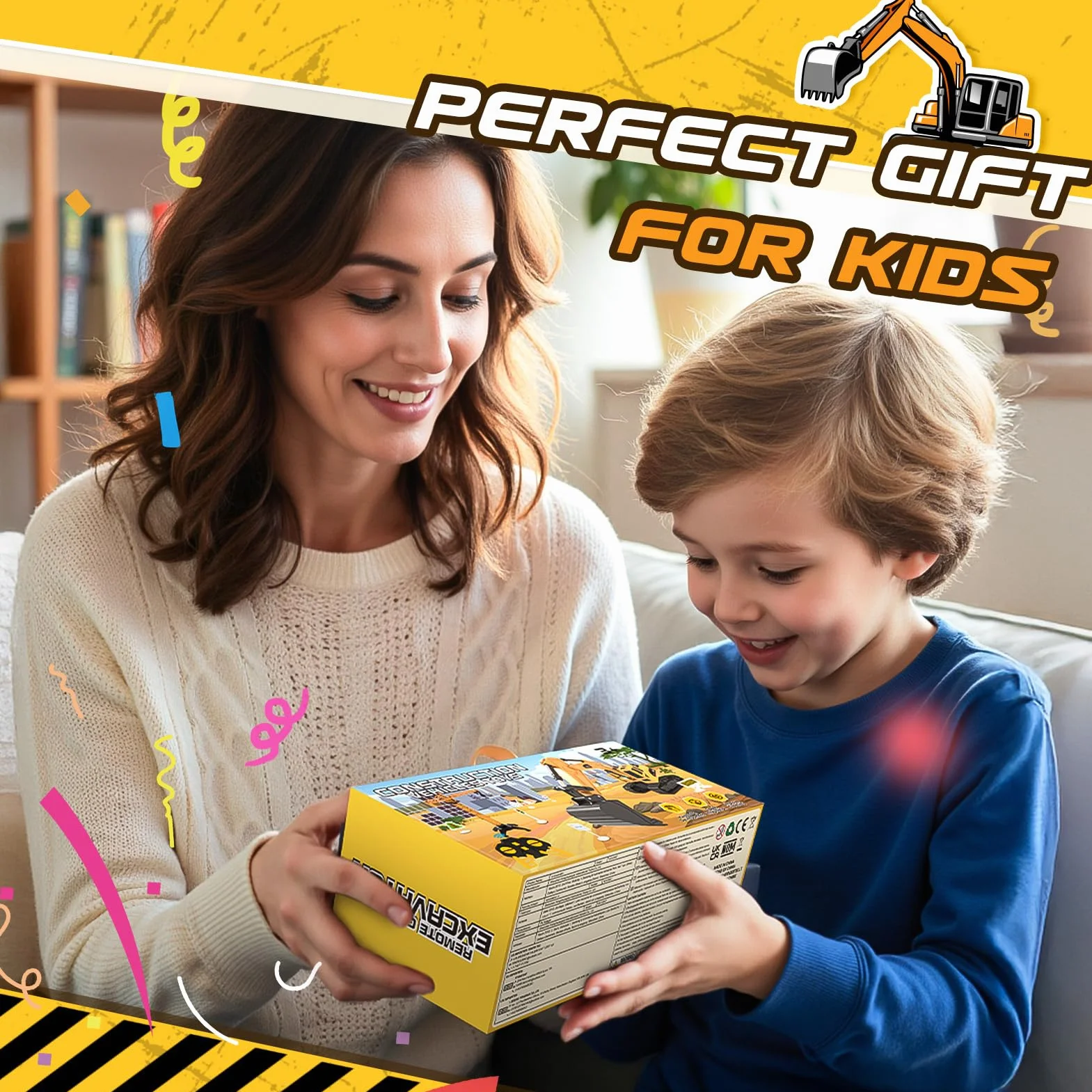 HappyGoLucky 1:24 Excavadora Juguete Teledirigido para Niños 3-9 Años, Camiones Juguete RC Teledirigido 2.4GHz con Grúa Torre y Señales de Tráfico, Luz LED, Mini Excavadora, Regalo Cumpleaños/Navidad