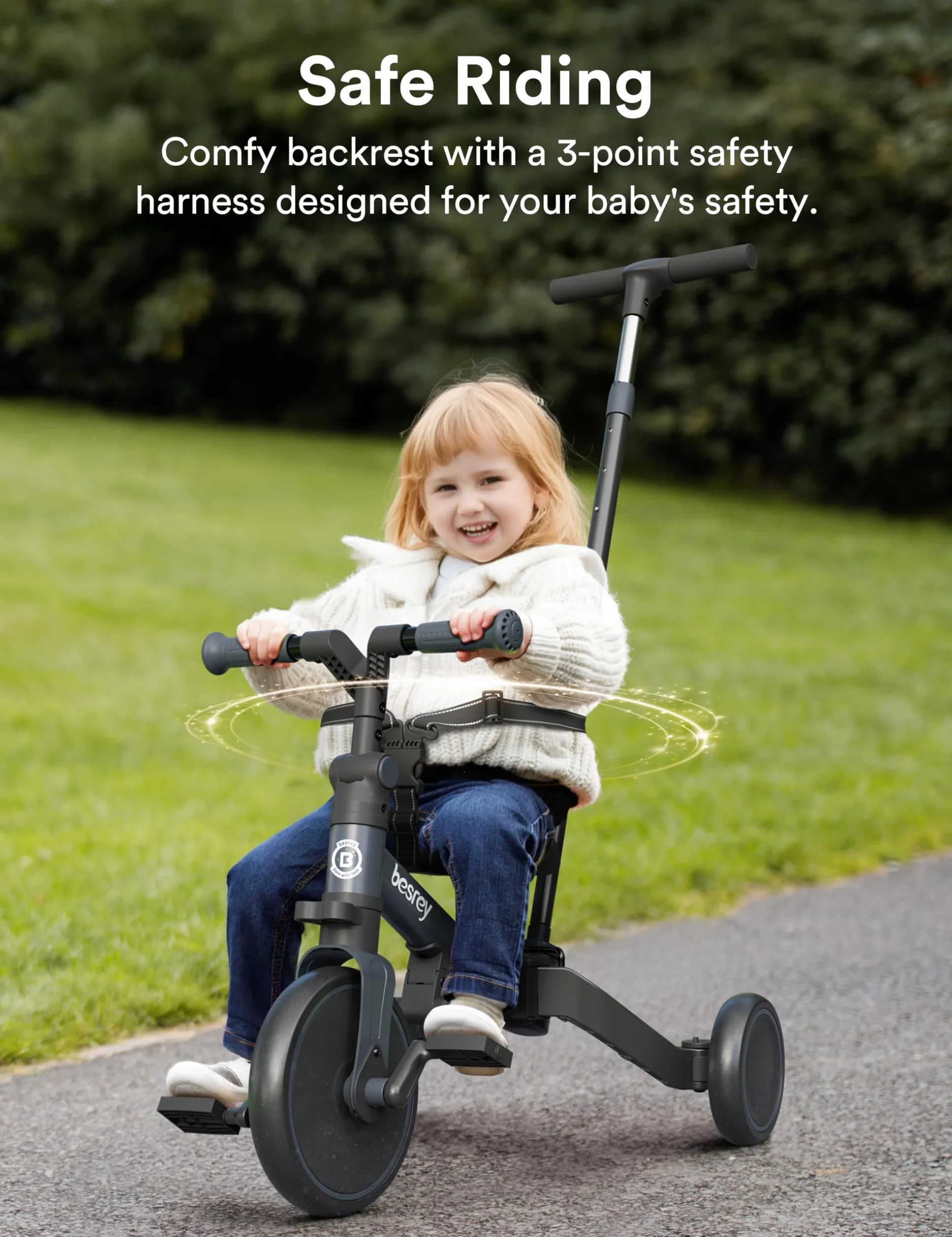 besrey Bicicleta para niños pequeños con manija de Control Parental para niñas y niños de 1 a 3 años, Triciclo para niños, Triciclo para niños pequeños con Pedal extraíble, Asiento Ajustable