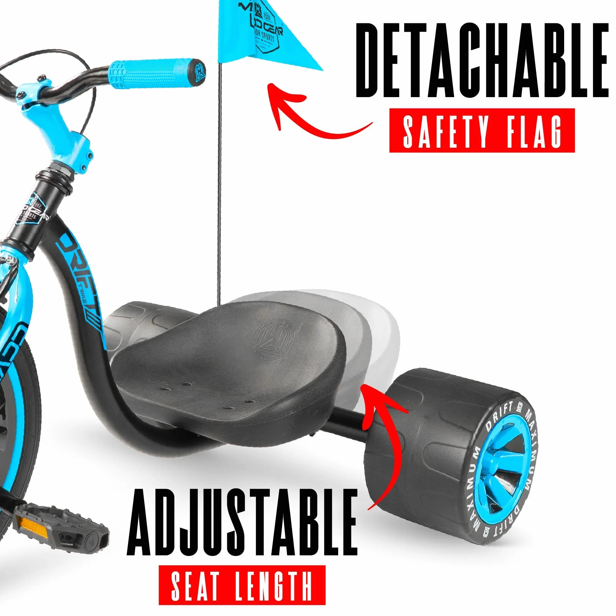 Drift Trike para niños a partir de 5 a 16 pulgadas con rueda grande con asiento ajustable, marco de acero, ruedas traseras y bandera de seguridad, Madd Gear (negro azul)