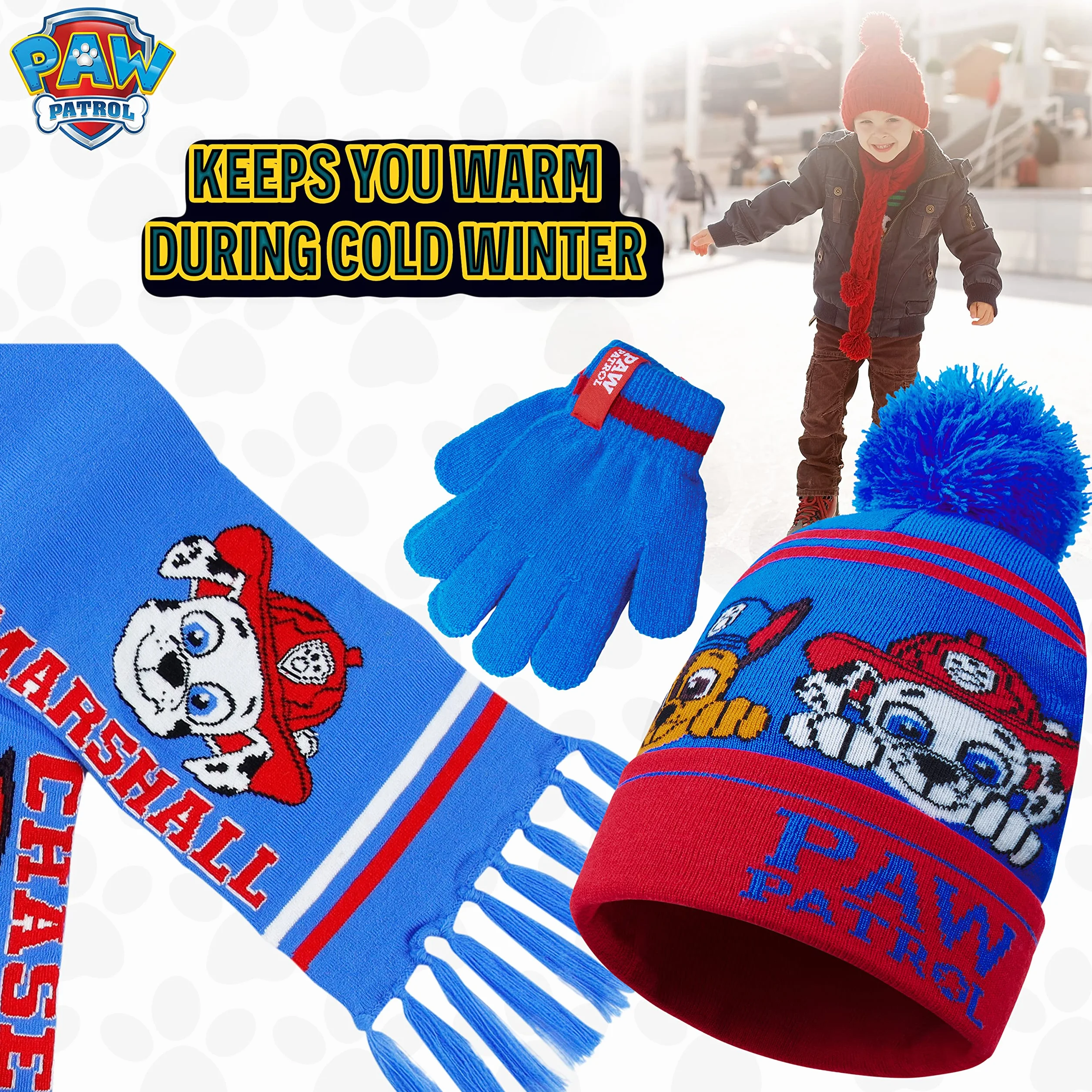 Paw Patrol Set de Invierno 3 Piezas Gorro Pompón Bufanda Guantes para Niños