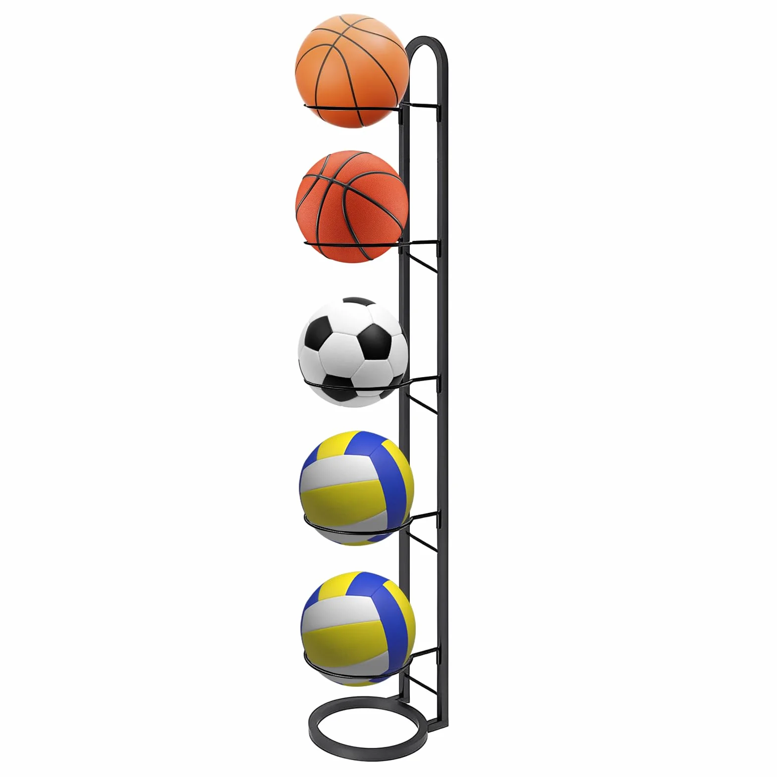 LURICO Soporte vertical para pelotas de 5 niveles, estante de almacenamiento para baloncesto, fútbol y voleibol