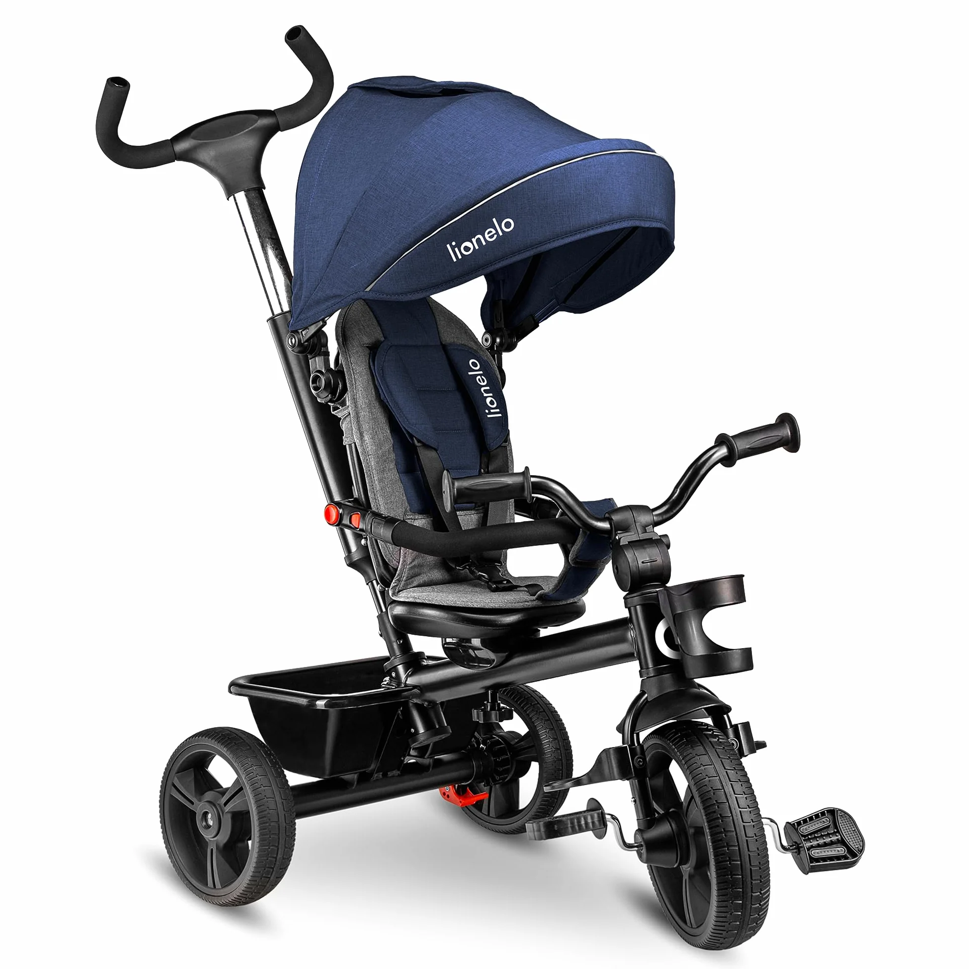 LIONELO Haari Triciclo Evolutivo para Niños, Bicicleta Bebe 4 en 1, Menores hasta 25 kg, 1,5-5 años, Carrito Cesta espaciosa, Bolsa y portavasos, Cinturones de 3 Puntos, Toldo Jeans