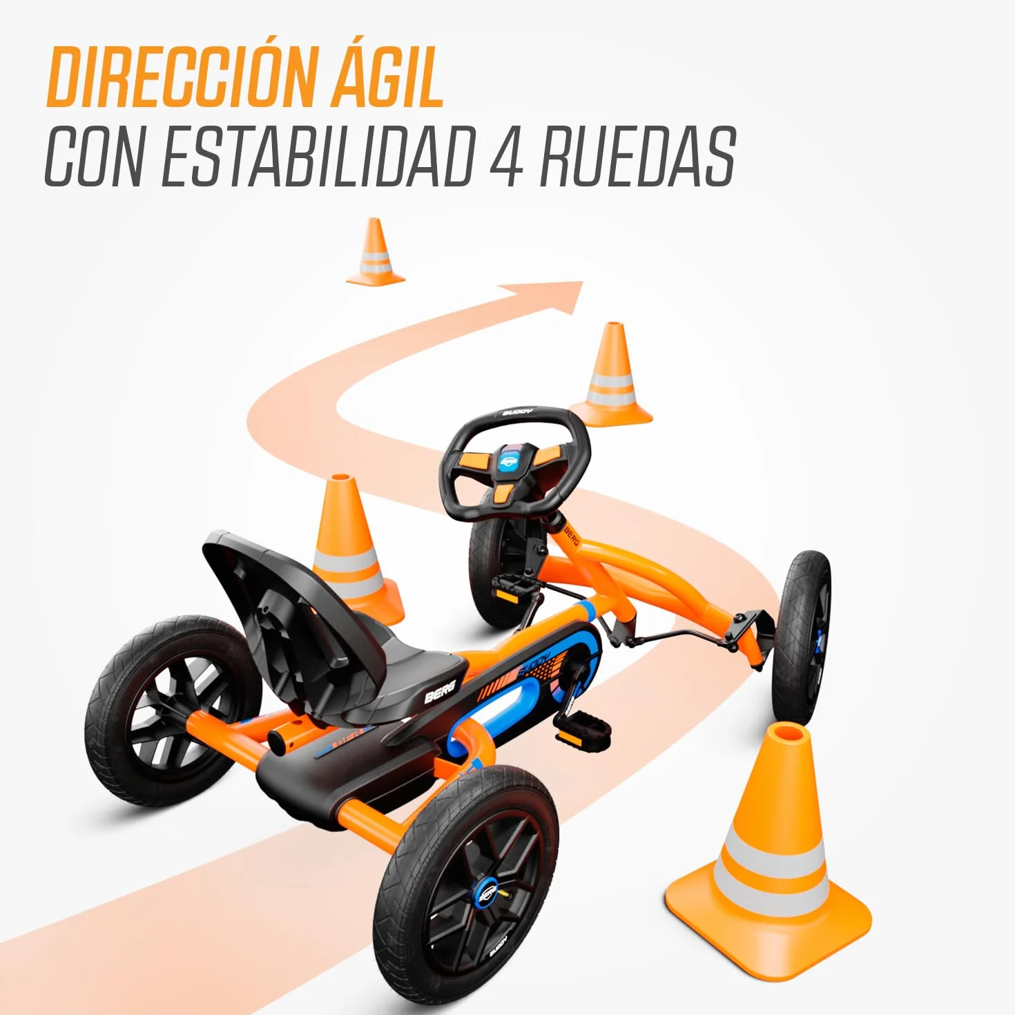 BERG Kart a Pedales Buddy B-Orange | 3-8 años, cuadro resistente, asiento regulable, volante regulable