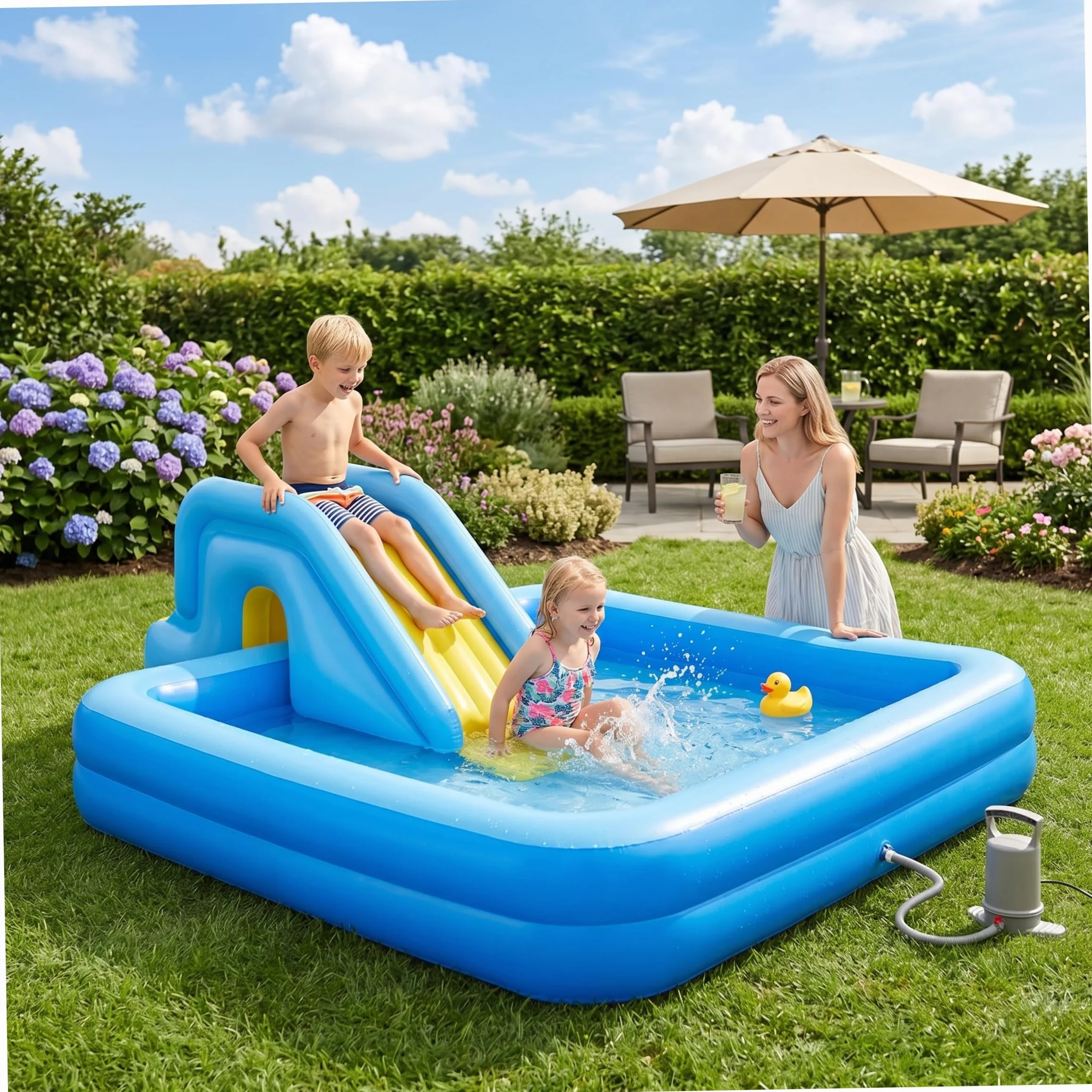 Tobogán Inflable para Piscina, tobogán acuático Inflable, fácil Almacenamiento para Uso y Patio Interior, Azul Claro, con Bomba de pie
