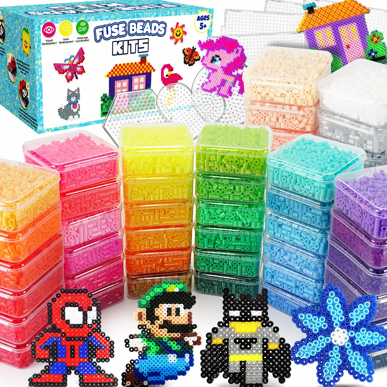 FunzBo Cuentas para Planchar 31000 Piezas XXL - 48 Colores 5mm Juego Completo con Varios Accesorios, Plantillas y Caja Organizadora - Regalo Ideal para Niños y Adultos Mayores de 6 Años