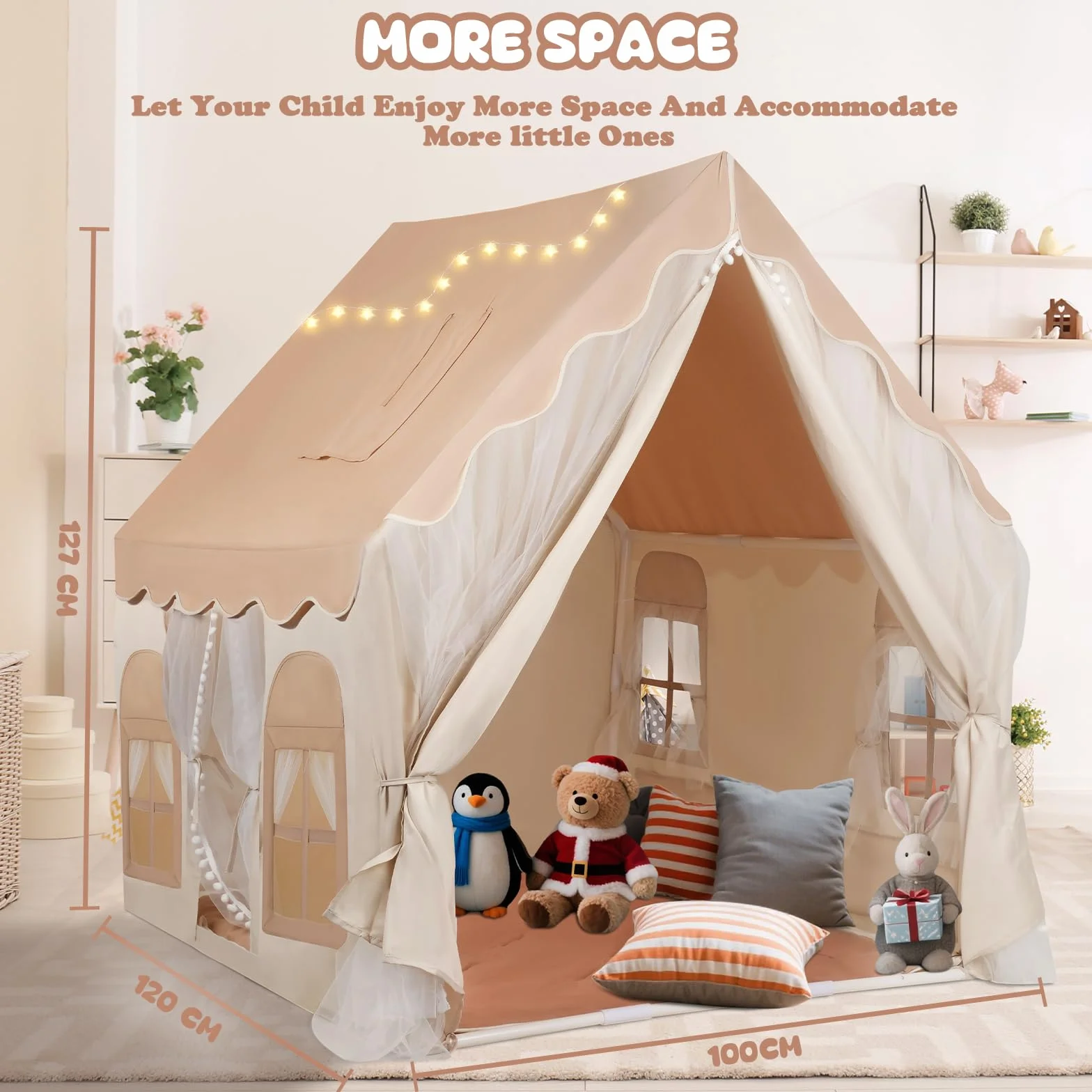 snookids Tienda para niños - Casa de Juego Interior con Alfombra, Luces, Colgantes de arcoíris y Bandera Estrellas, Tienda Juego para la decoración de la habitación niños y niñas