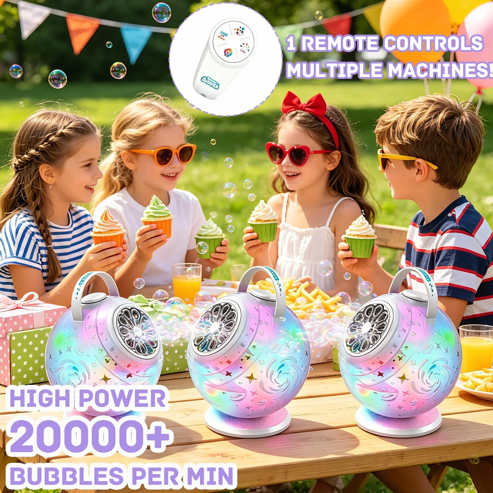 Máquina de pompas de jabón recargable con mando a distancia, 10 agujeros, rotación de 90°/360°, LED, USB-C 45 min tiempo de funcionamiento, burbujas grandes de jabón, para fiestas de