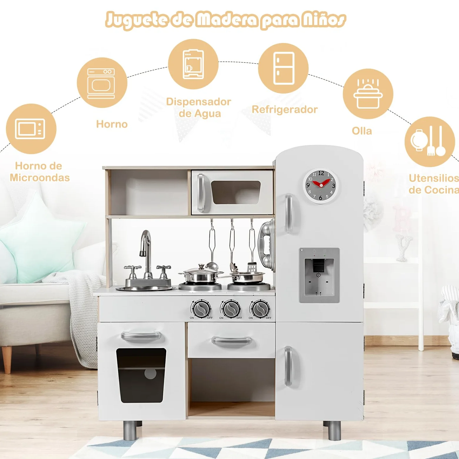 COSTWAY Cocina Juguete de Madera con Teléfono, Cocinita de Madera Infantil con Nevera, Microondas, Fregadero Desmontable, Dispensador de Agua con Luz y Sonido, Cocina Infantil para Niños (Natural)