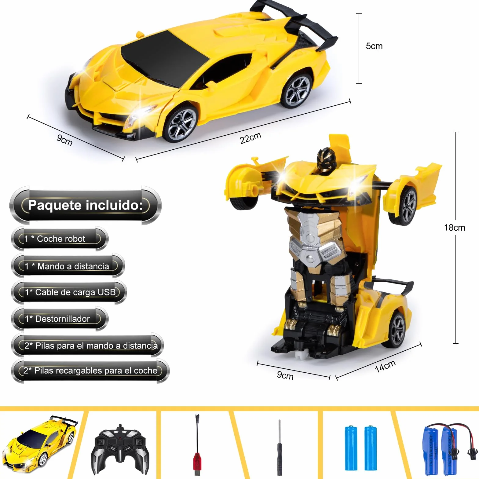 Yellcetoy Transform Juguete Coche Teledirigido, Coche Robot con el Gesto de la Mano Sening Luz Intermitente Música y Efecto de Sonido, Transformador RC Car con Baterías para Niños 3-10 Años Amarillo