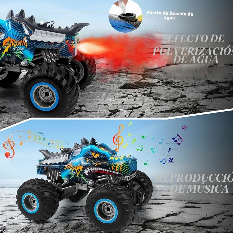 Coche teledirigido 1:16 RC Dinosaurios Monster Truck 2.4GHz 20 Km/h Radiocontrolado Todo Terreno con Niebla rociadora música Luces LED Regalo para niños de 4 5 6 8 años
