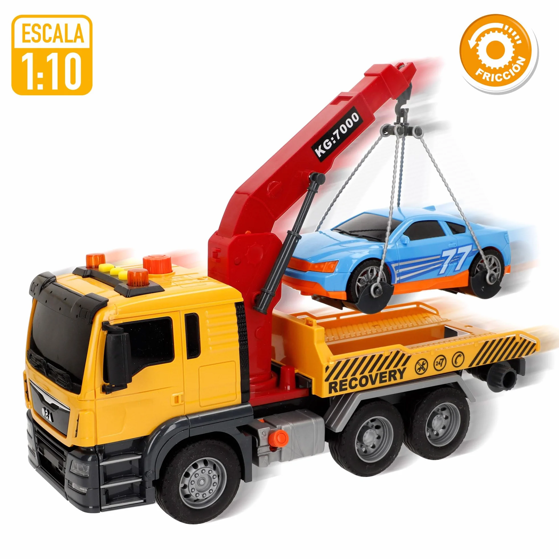 ColorBaby 39058 Speed & Go Camión grúa Juguete, con Luces y Sonidos, Brazo Extensible, Interactivo, Sistema de fricción, Escala 1:10, Coches para niños a Partir de 3 años