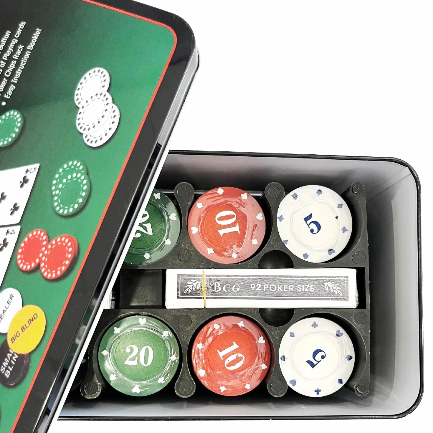 AUTOZOCO Set de Póker, Juego de póker Completo, Juego de Blackjack, Incluye 200 fichas, 2 Barajas de Cartas, botón de repartidor, ciega pequeña, Gran ciega, tapete de Juego, Caja metálica