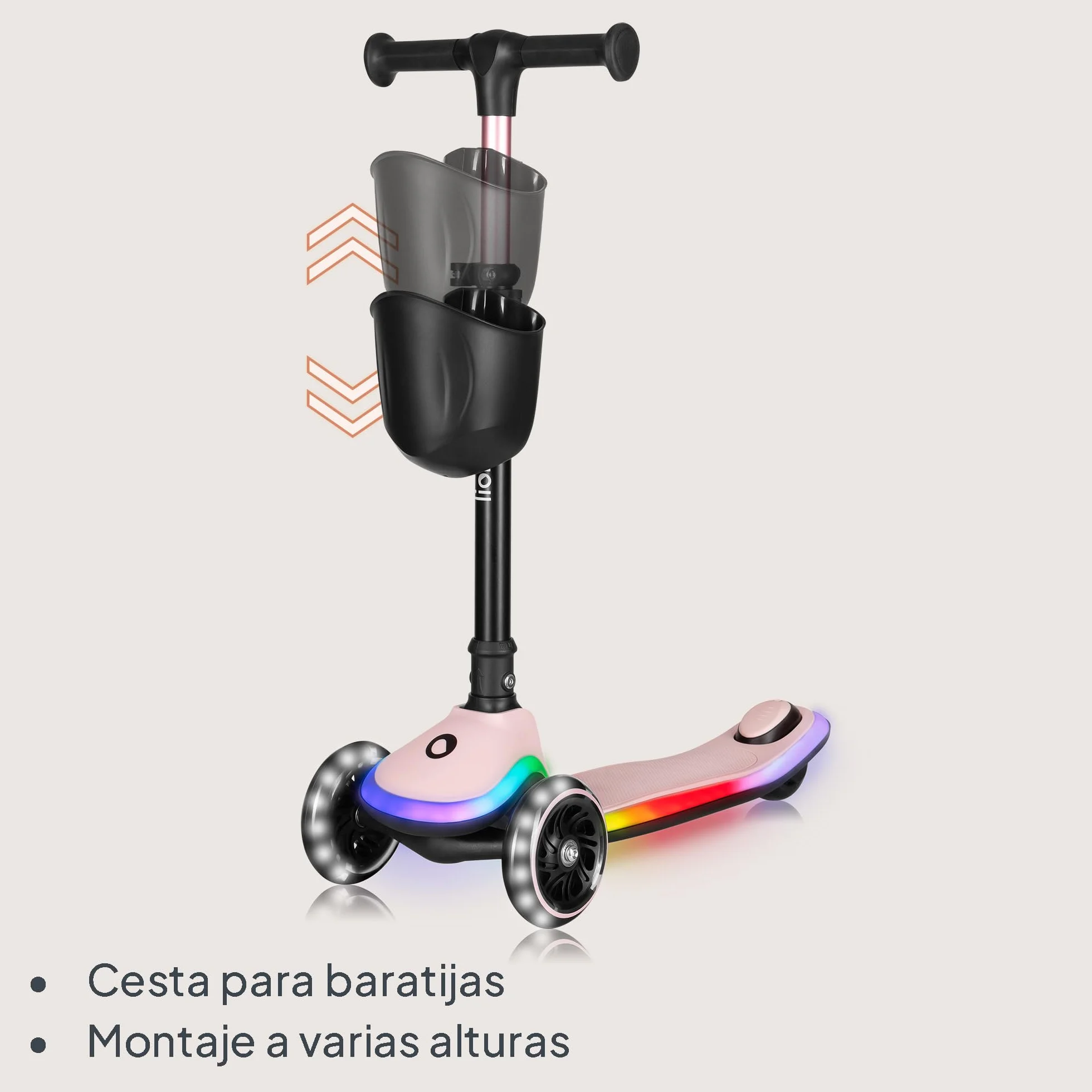 LIONELO MEY Patinete de Equilibrio para Niños Desde 3 años hasta 50 kg, Scooter Infantil Patinete de 3 Ruedas con Ajuste de Altura, Plataforma Antideslizante Iluminada y Ruedas LED, Cesta