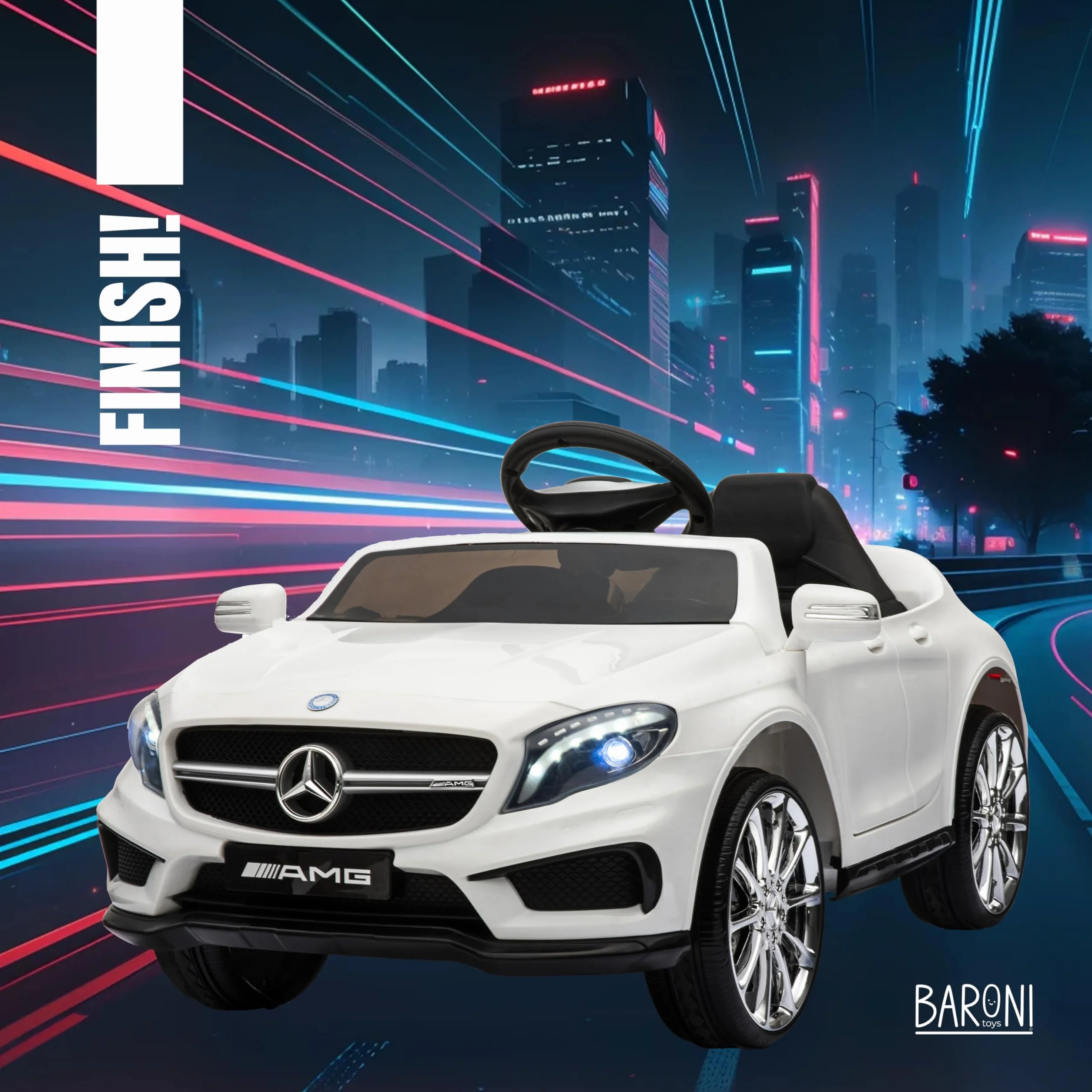 Baroni Toys Coche Bebé Mercedes AMG Eléctrico Completo Opcional Blanco, Mando a Distancia, Asiento Cuero, Puertas Abren, Motor Dual 6V, 25 Kg