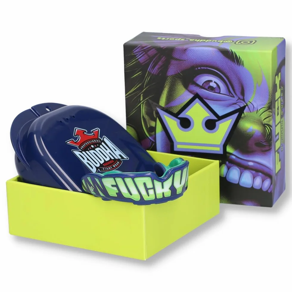 BUDDHA FIGHT WEAR Protector bucal Premium adultos y niños +12 Años para deportes de contacto rugby MMA kickboxing judo hockey boxeo Azul-Amarillo