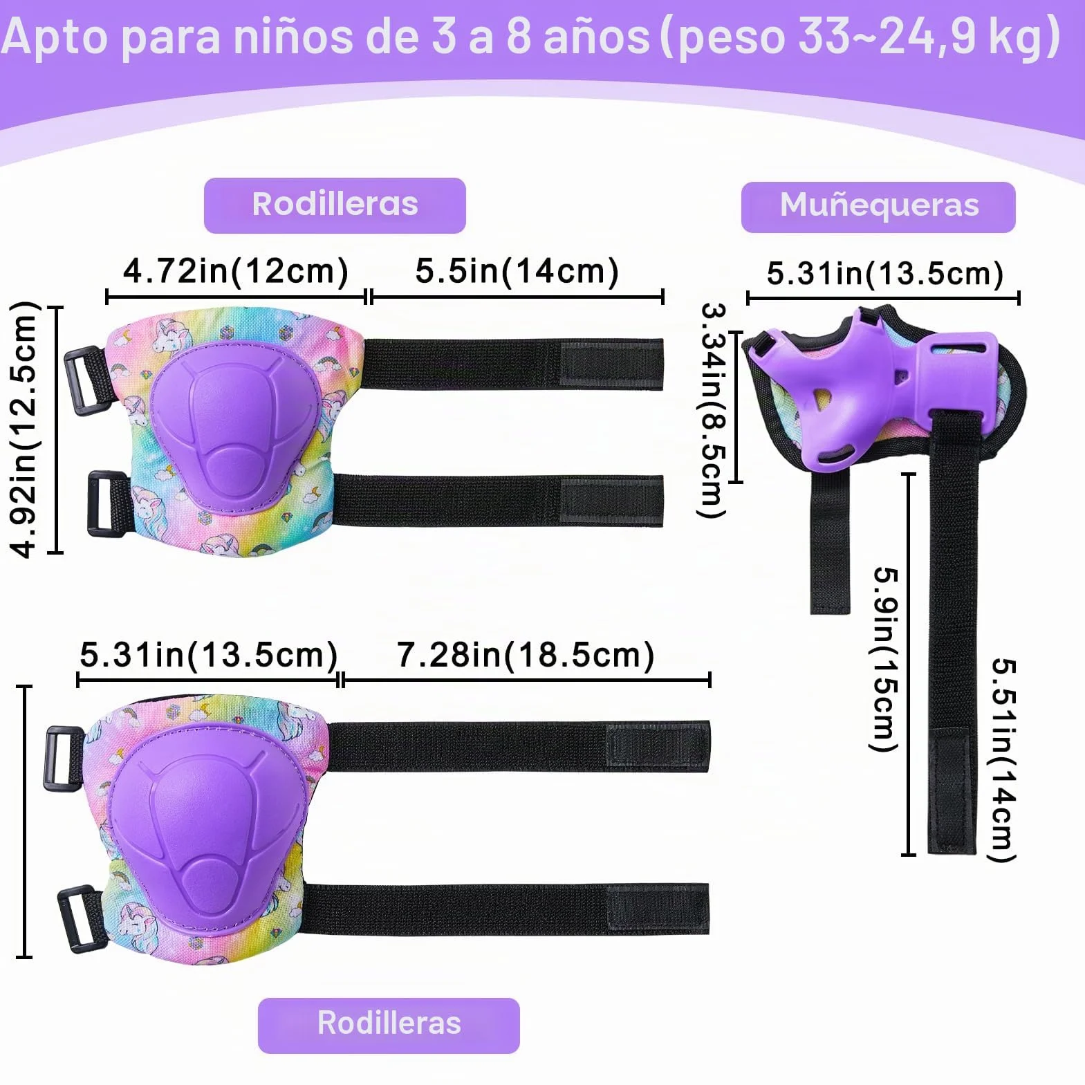 Protecciones Skate Niño Unicorn Castle 6 Piezas Rodilleras Coderas Muñequeras Patines Niña