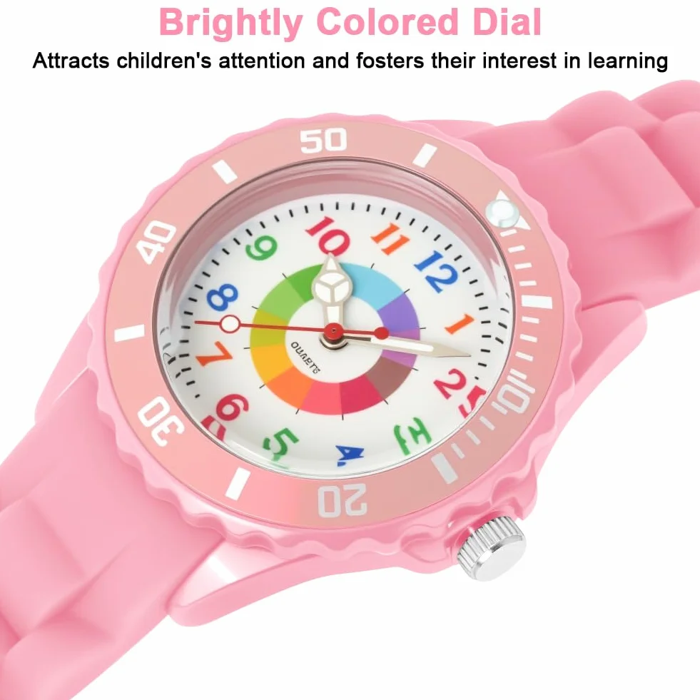 Reloj de Aprendizaje para Niños Impermeable, Analógico con Correa Suave y Esfera Colorida