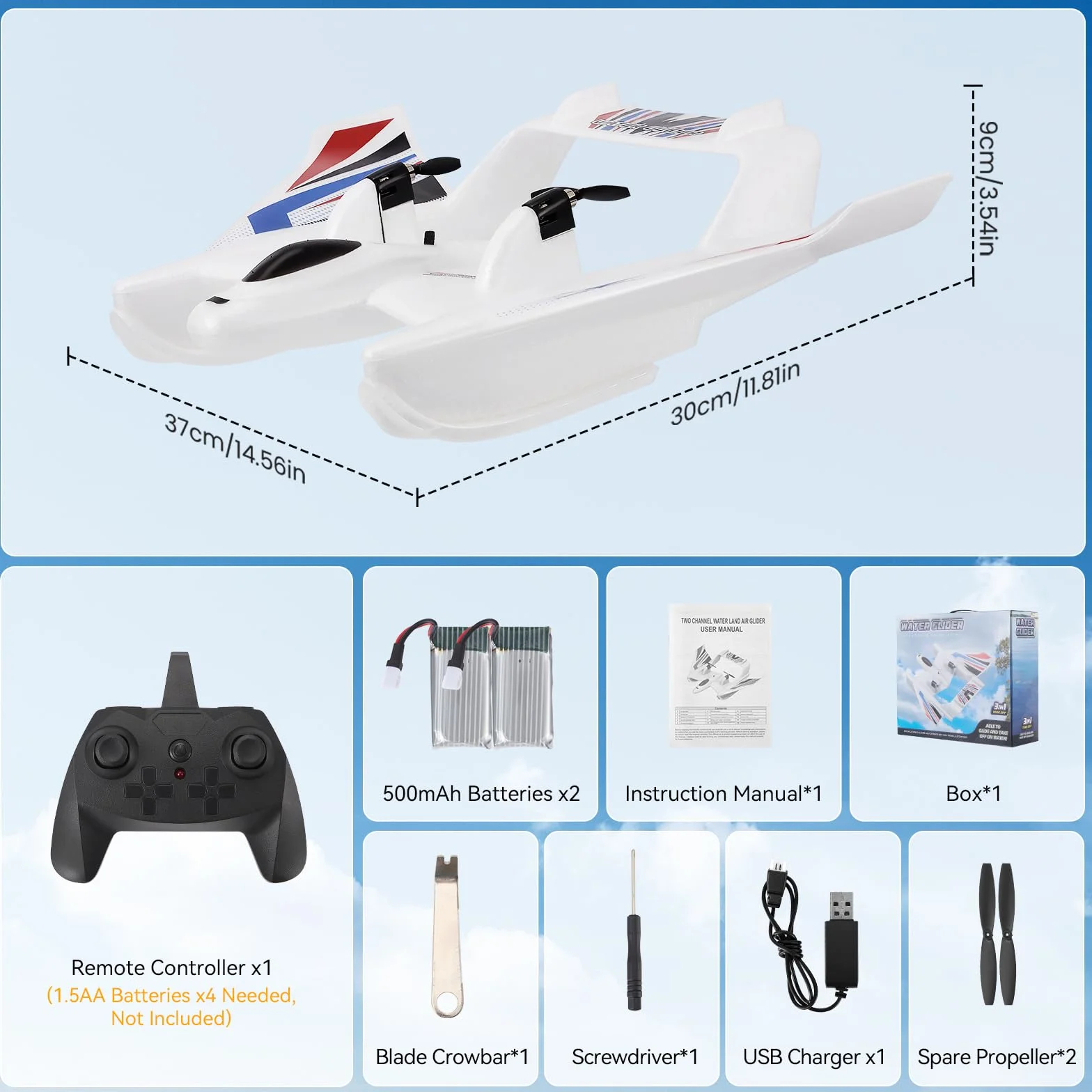Avión RC Anfibio 3 en 1, 2.4GHz 3CH, para Tierra, Agua y Aire, con 2 Baterías, Material EPP, Blanco