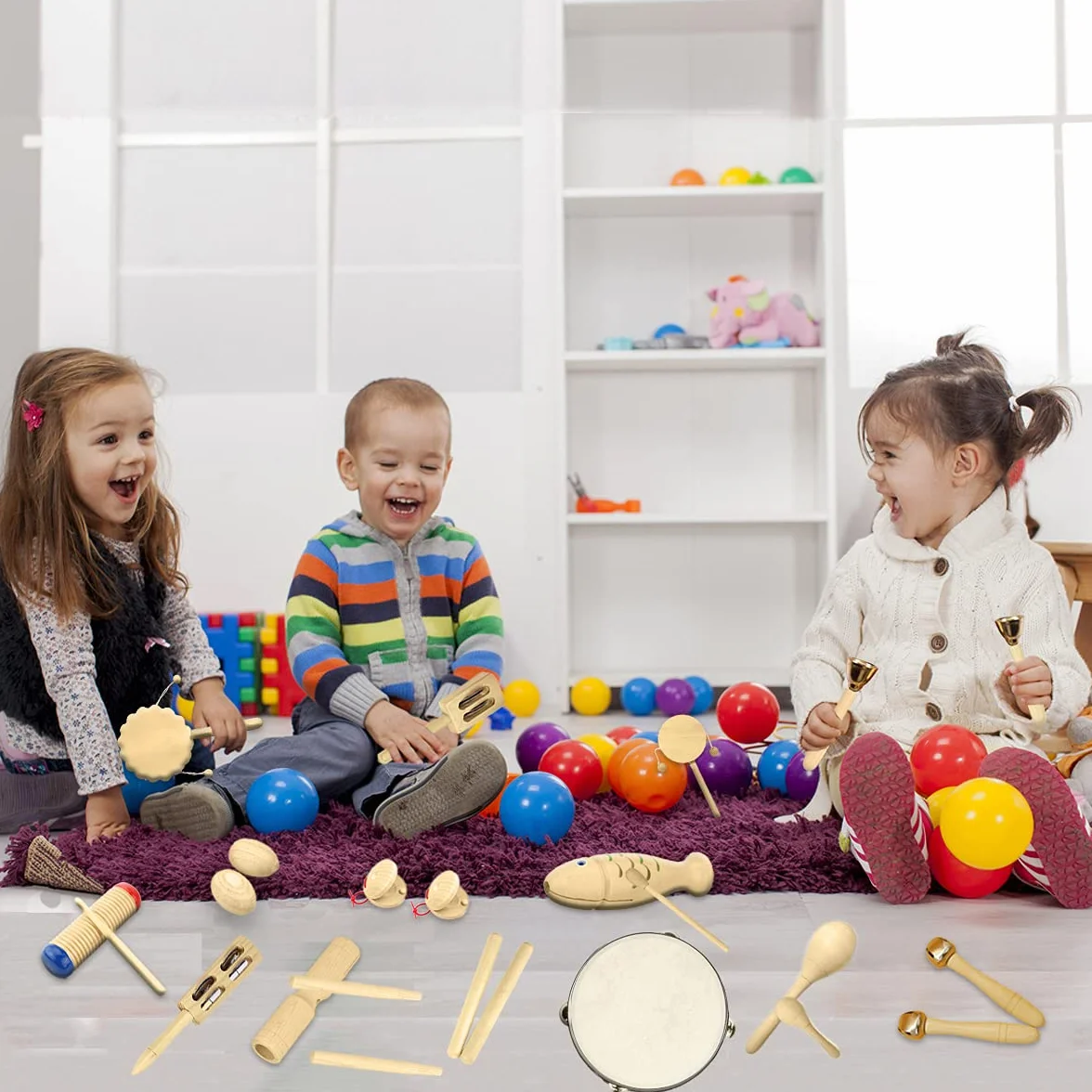 Instrumentos Músicales Infantiles, 27pcs Percusion Musicales Madera Set para Infantil, Niños y Bebe, Madera 100% Puro de Juguete Musical, Kit de Ritmo de Percusión Premium y Bolsa de Algodón