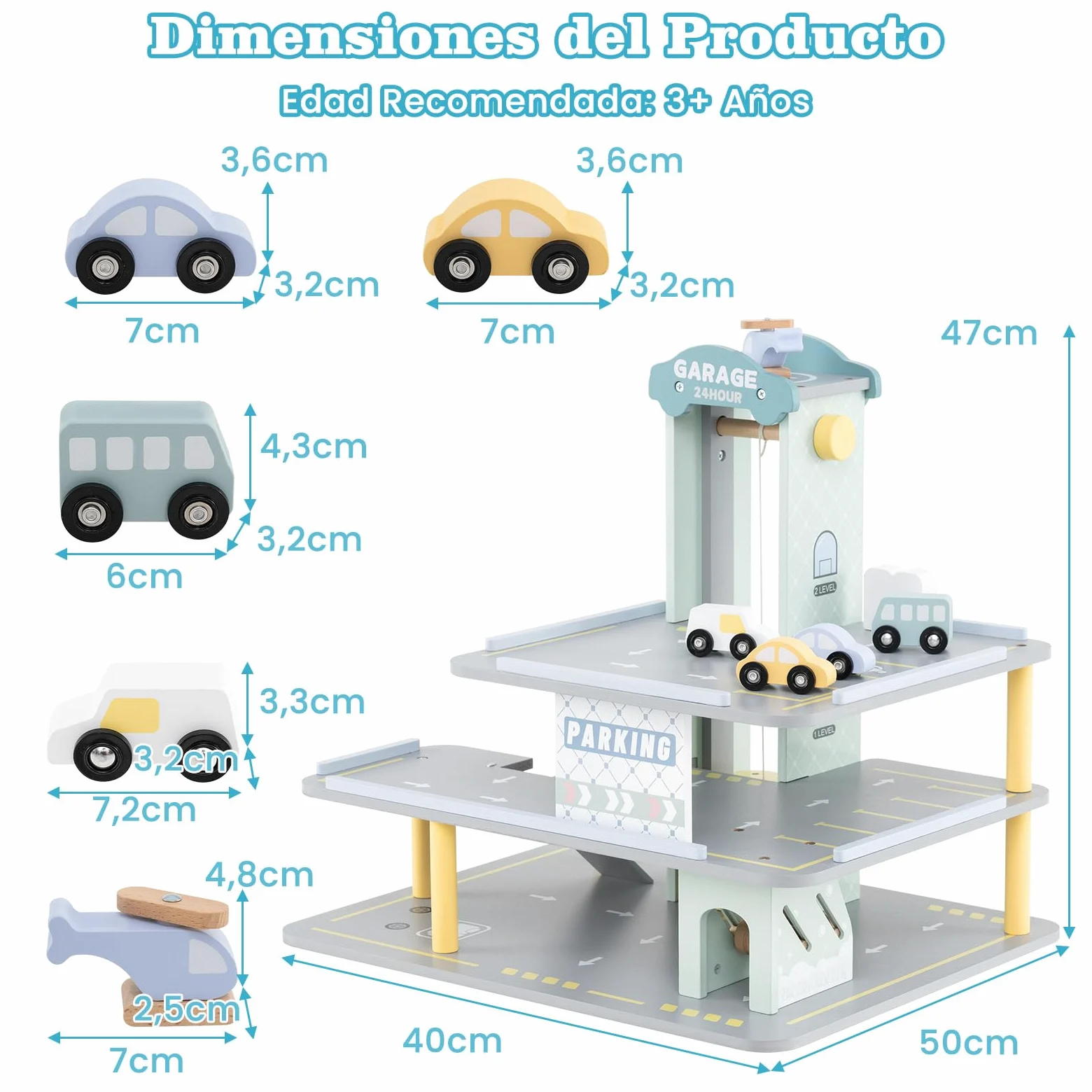 COSTWAY Parking Infantil de 3 Plantas, Garaje de Juguete de Madera con 4 Autos, Helipuerto, Gasolinera, Elevador, Lavado de Autos y Varilla Elevadora, Juguetes Educativos de Roles para Niños