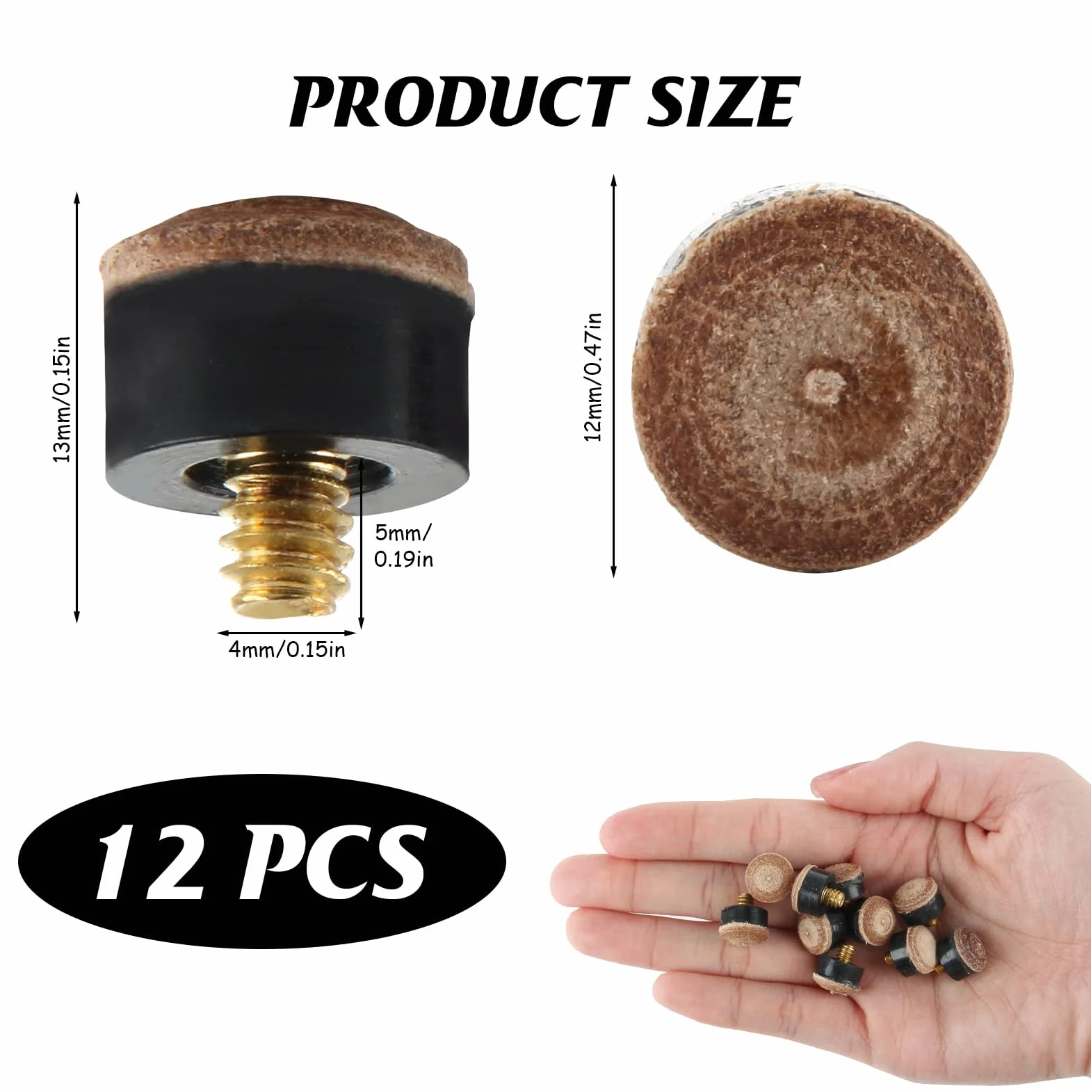 Ownkim 12 Puntas de Taco de Billar de 12 mm, Puntas de Repuesto Roscadas, Cuero Duro Marrón
