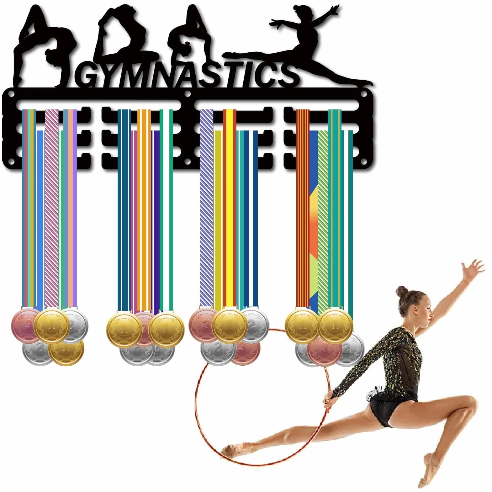 CREATCABIN Soporte Medallas Gimnasia Colgador 3 Línea Capacidad 40 Medallas 29x13 cm Negro