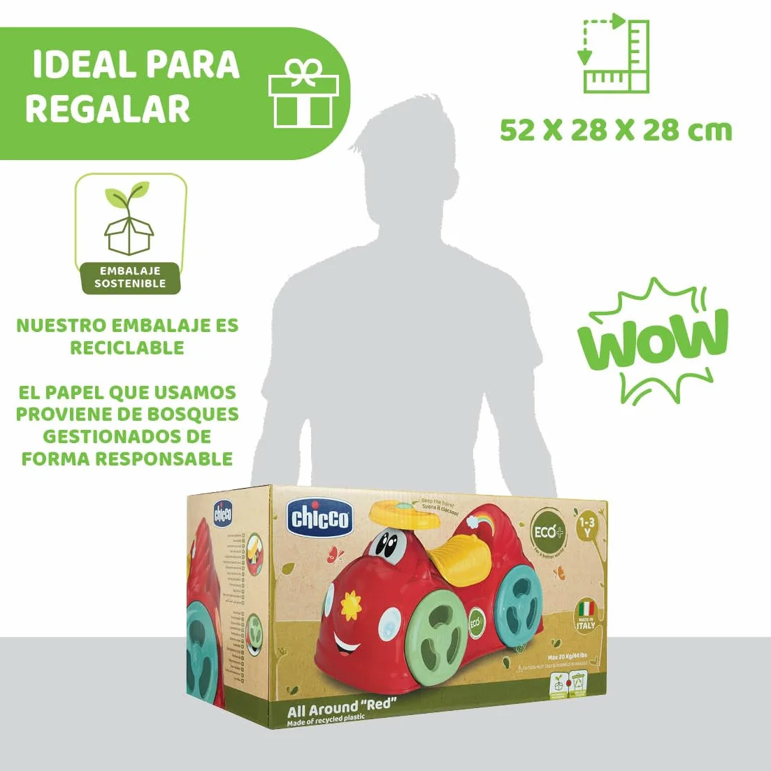 Chicco All Around, Eco+ Rojo, Correpasillos para Niños 1 a 3 Años (Máx. 20 kg), Fabricado en Italia, 75% Plástico Reciclado, Ruedas Giratorias, Claxon Mecánico, Almacenamiento, Pegatinas Incluidas