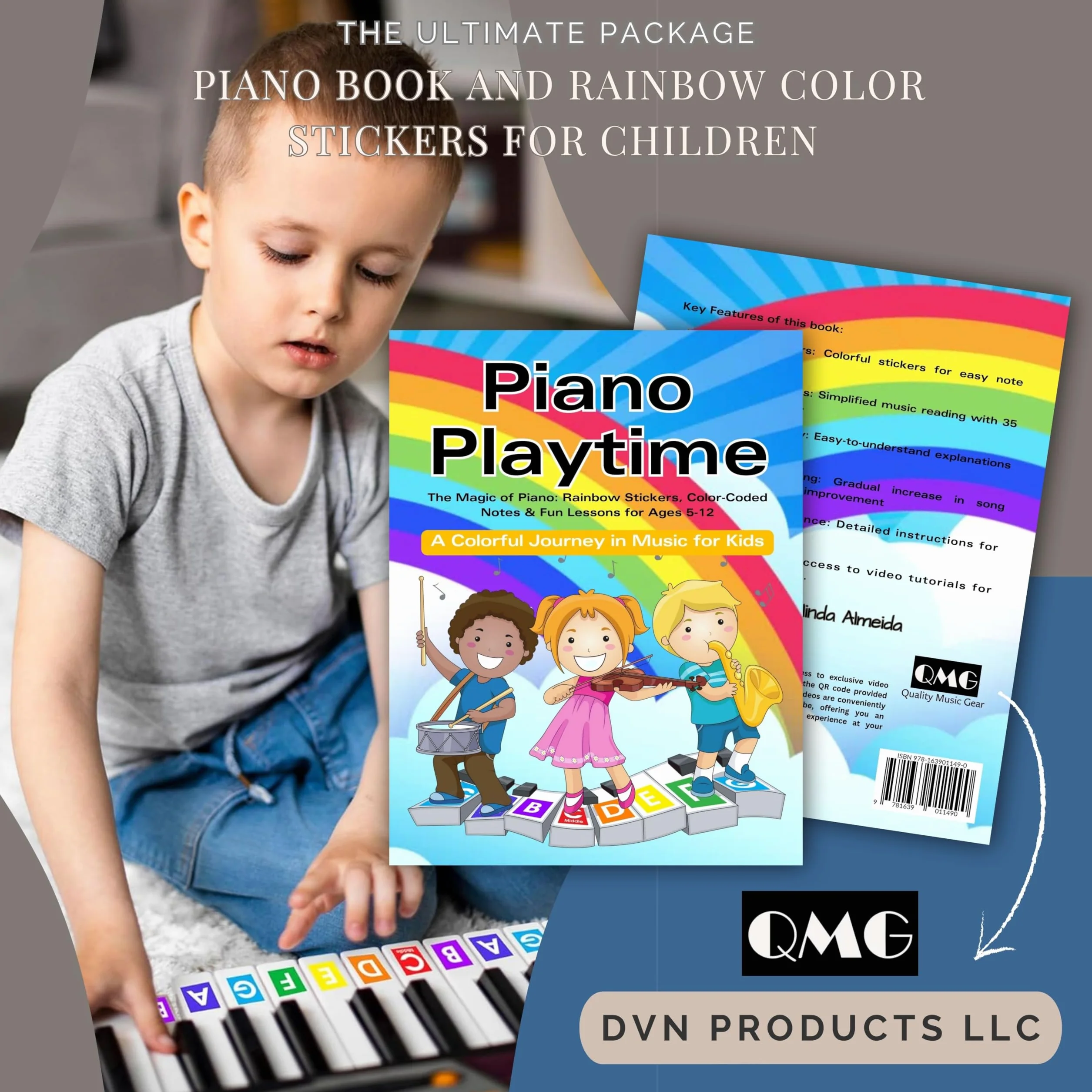 QMG Calcomanía de piano y teclado de color arcoíris y libro de aprendizaje de piano para niños, instrucciones fáciles de seguir para niños, libro de piano para principiantes para niños, partituras de