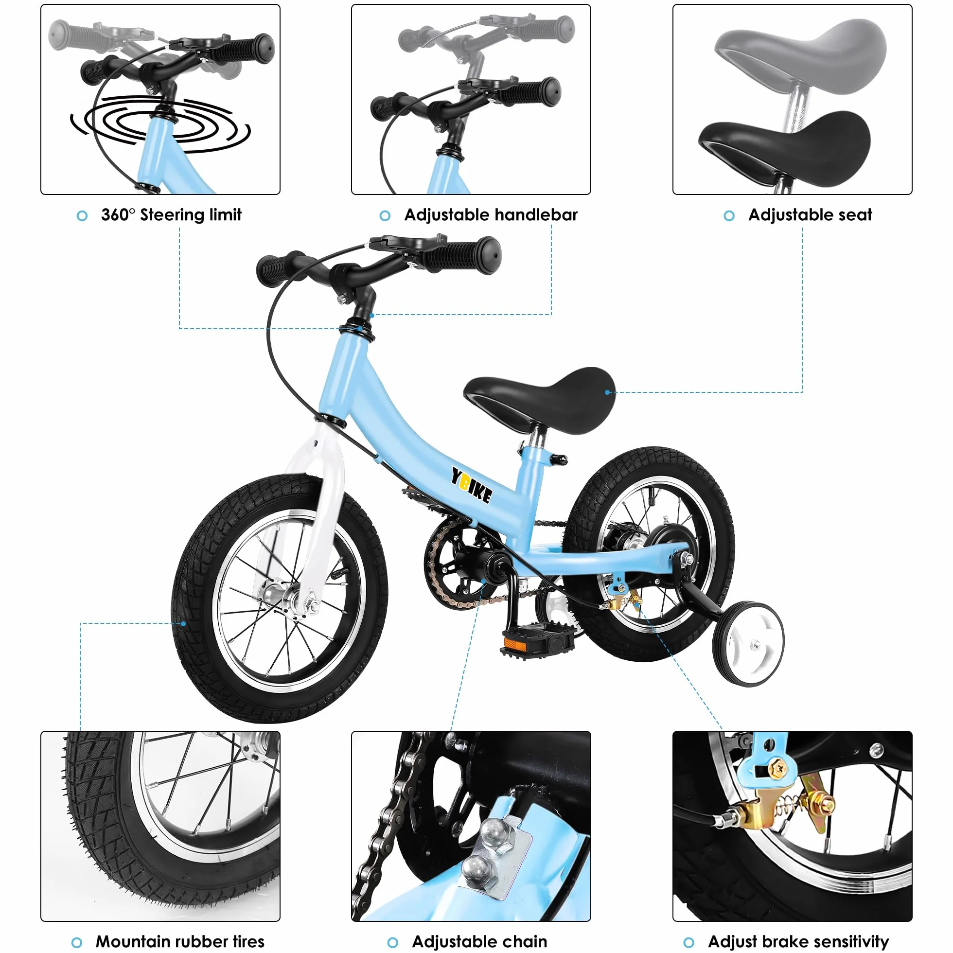 YBIKE Bicicleta De Equilibrio 2 En 1,Bicicletas para Niños Función De Doble Uso,Adecuada para Niños De 1 a 7 Años, 12,14,16 Pulgadas con Freno, Pedal, Teoría De La Formación