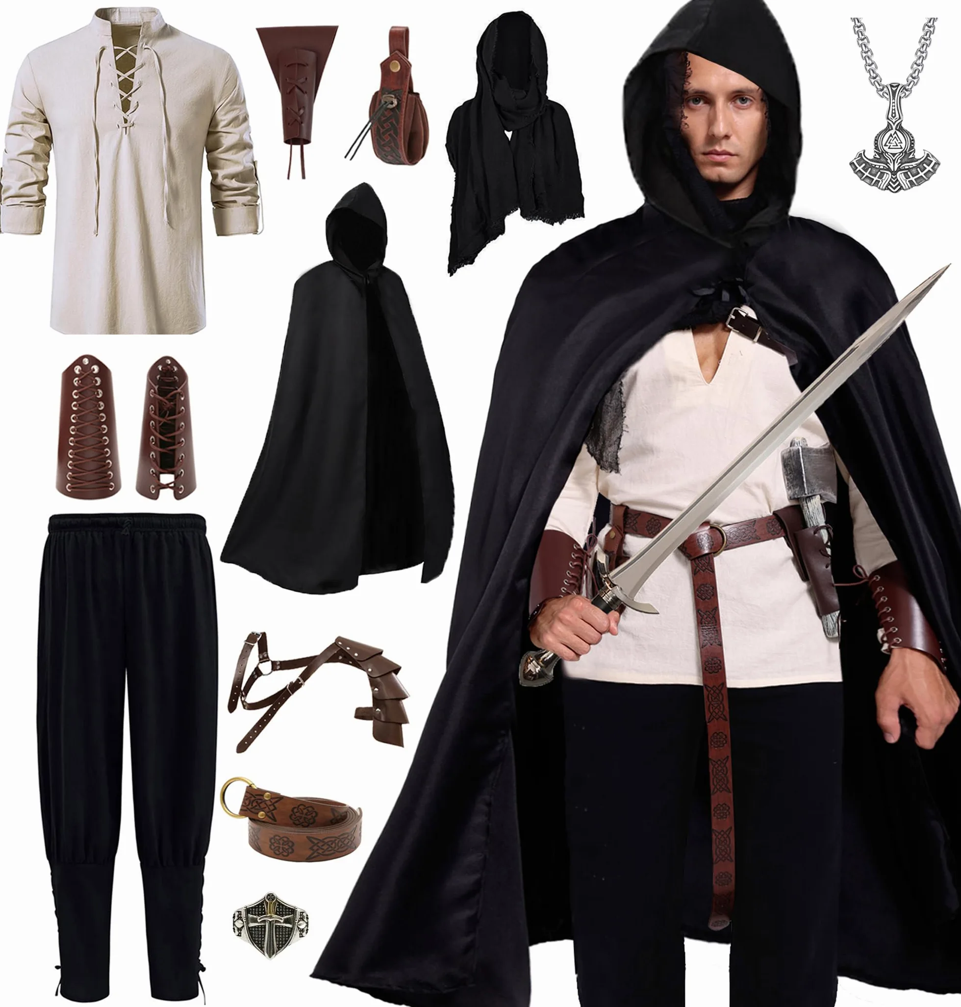 Akokvlar Conjunto de 10 piezas de disfraz de pirata medieval para hombre, pantalones vikingos con bandas en el tobillo