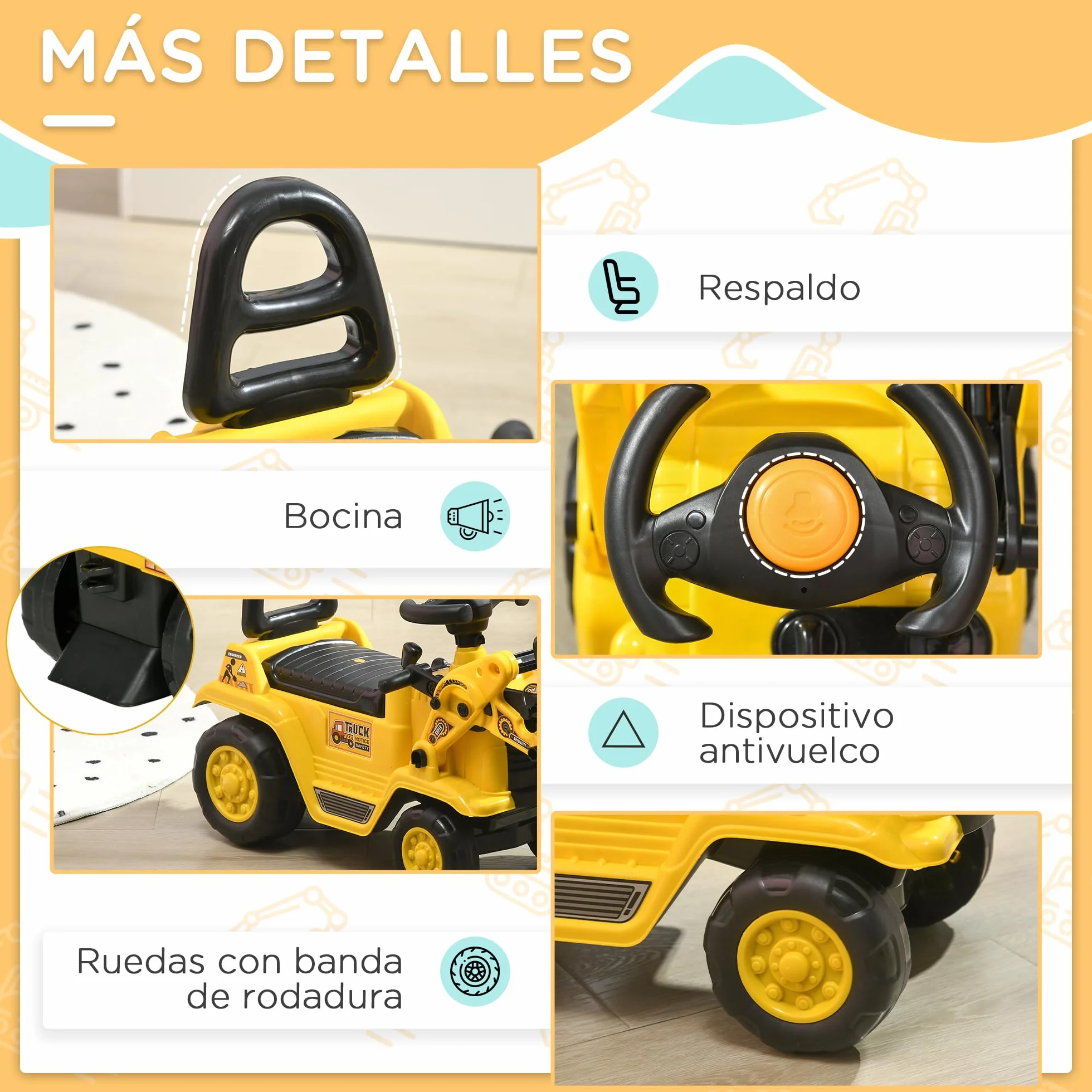 HOMCOM Tractor a Pedales para Niños de 18 a 48 Meses, Excavadora para Niños con Pala Delantera, Bocina, Volante y Compartimento Oculto bajo el Asiento, Carga 30 kg, 80x26,5x39 cm, Amarillo