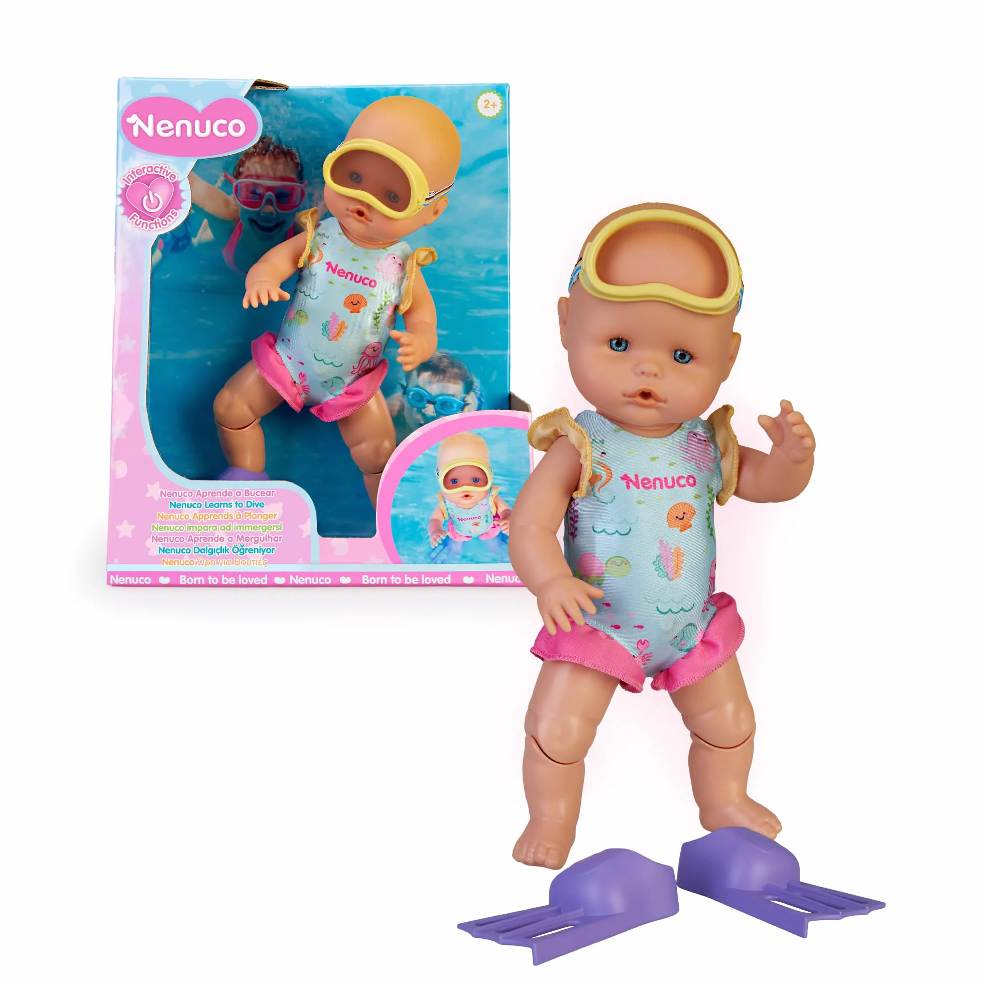 Nenuco - ¡Aprende a Bucear! Muñeco de 35 cm y Cuerpo Duro Que Mueve Sus piernas y Nada solito. con tu Ayuda podrá sumergirse en el Agua y bucear. Incluye bañador, Aletas y Gafas de bucear (NFN75000)