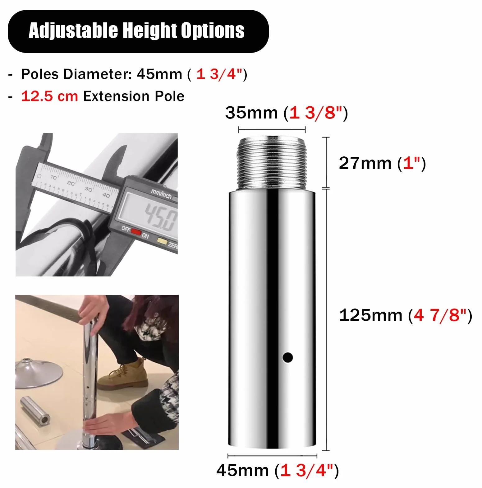 Pole Dance Barra Profesional Postes Spinning Static Piso a Techo Extensión 12.5/25/50 Cm 125mm