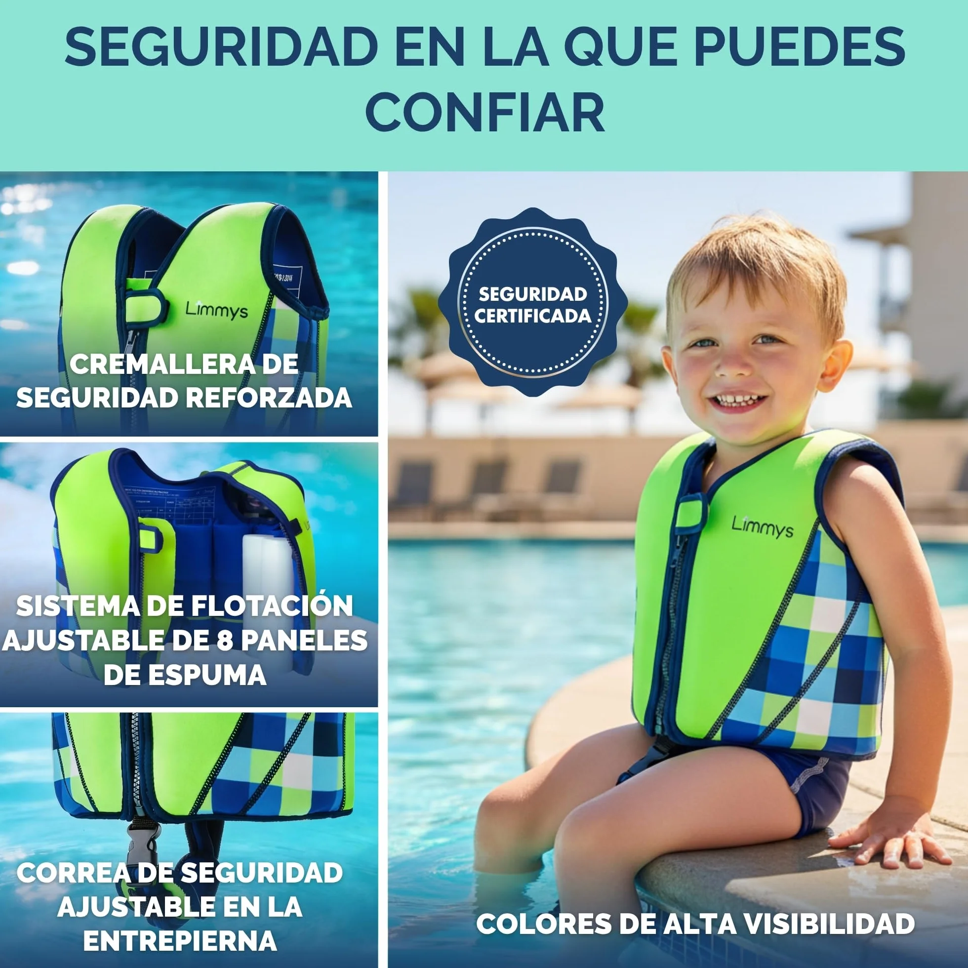 Chaleco de Natación Limmys para Niños – Sistema de Flotación Ajustable de 8 Paneles, Certificado CE, Neopreno Suave