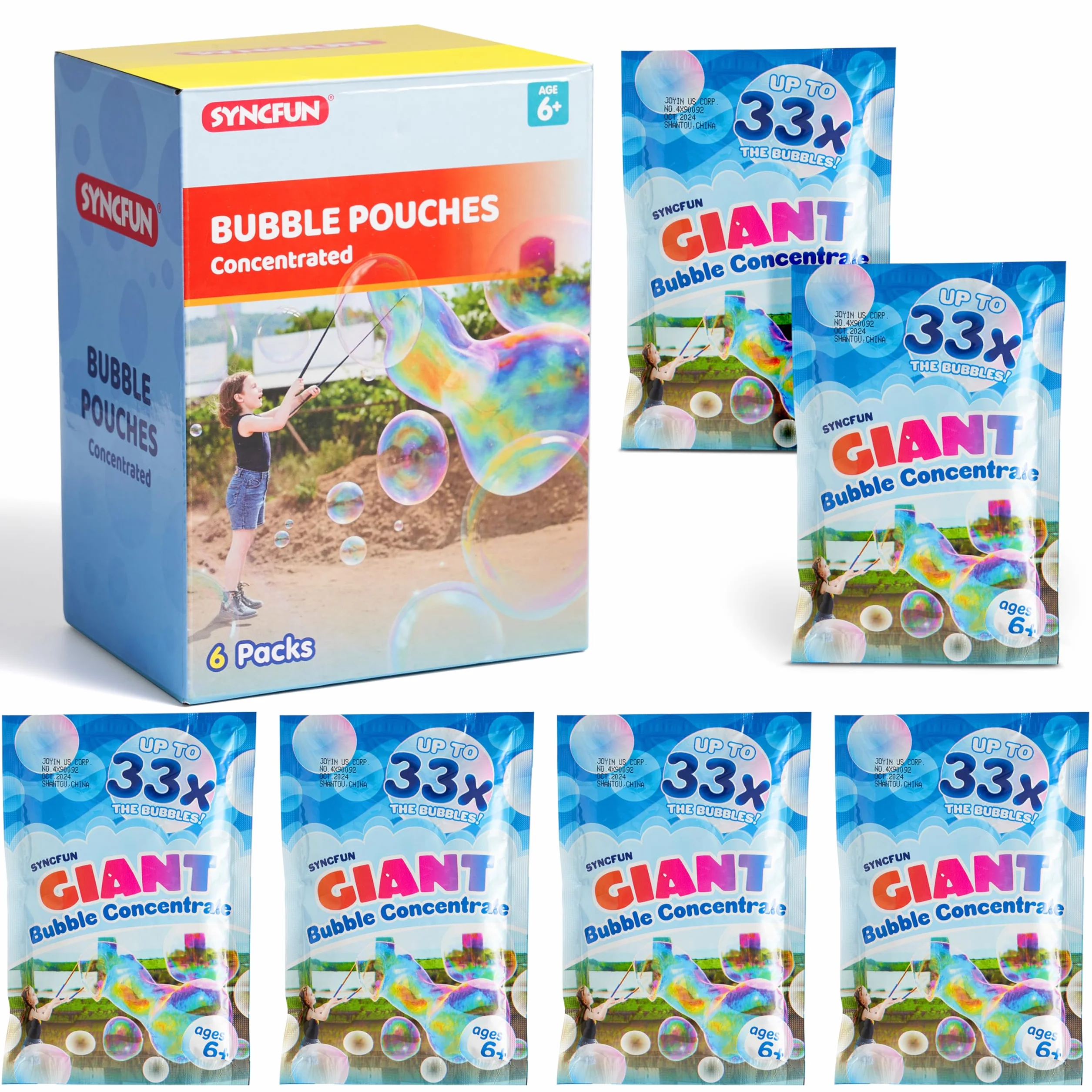 SYNCFUN 6 Paquetes de Solución Concentrada de Burbujas Gigantes (hasta 4,5 Galones), 6 Bolsas de Recambio de Solución para Máquina de Burbujas, Varitas, Soplador, Pascua, Actividad al Aire Libre