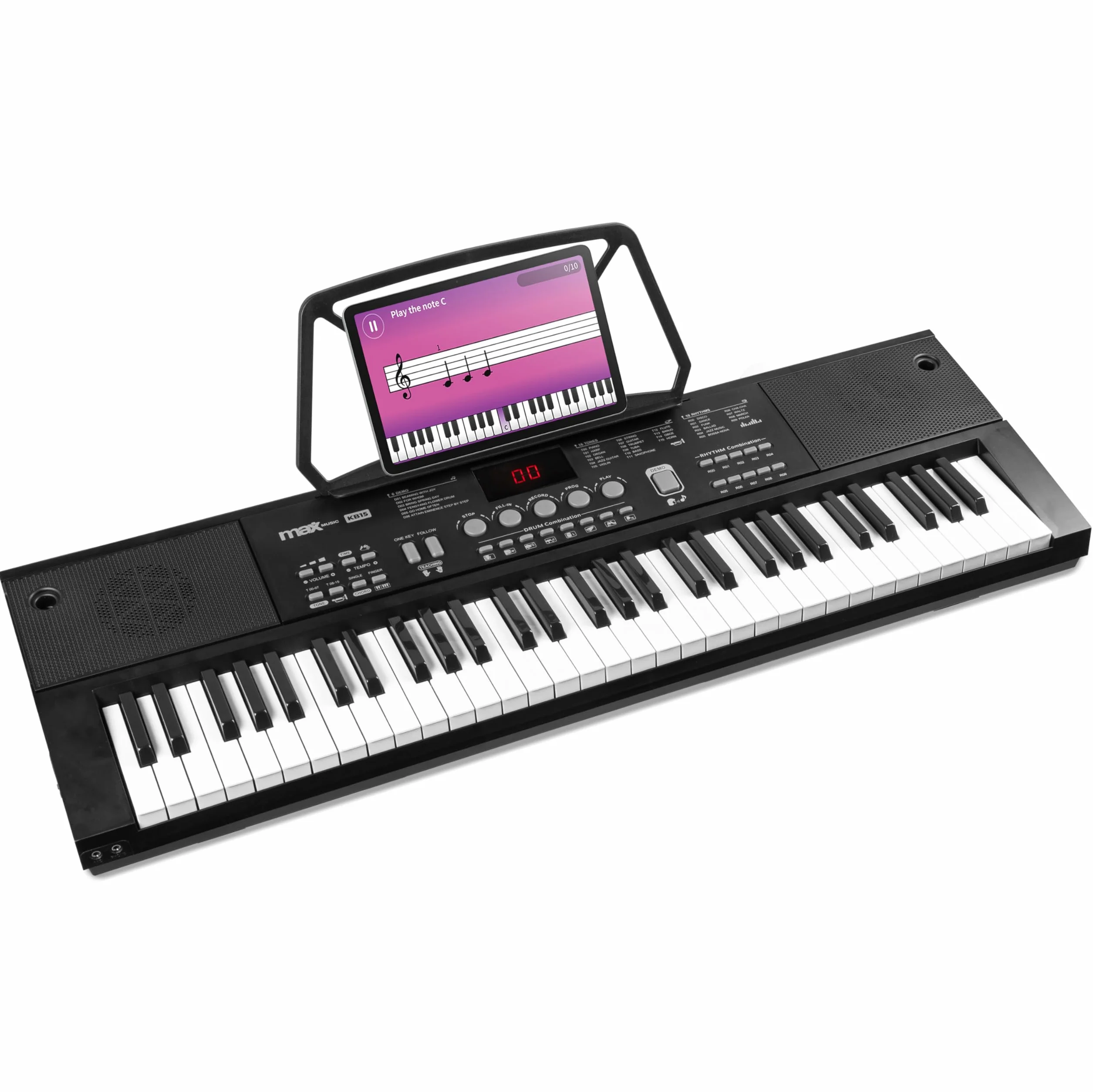 MAX KB15 - Teclado piano con 61 teclas, piano eléctrico con micrófono y altavoz, pantalla LCD, 70 canciones de demo, ideal para principiantes, función de aprendizaje, 26 sonidos, 8 percusiones, USB-C