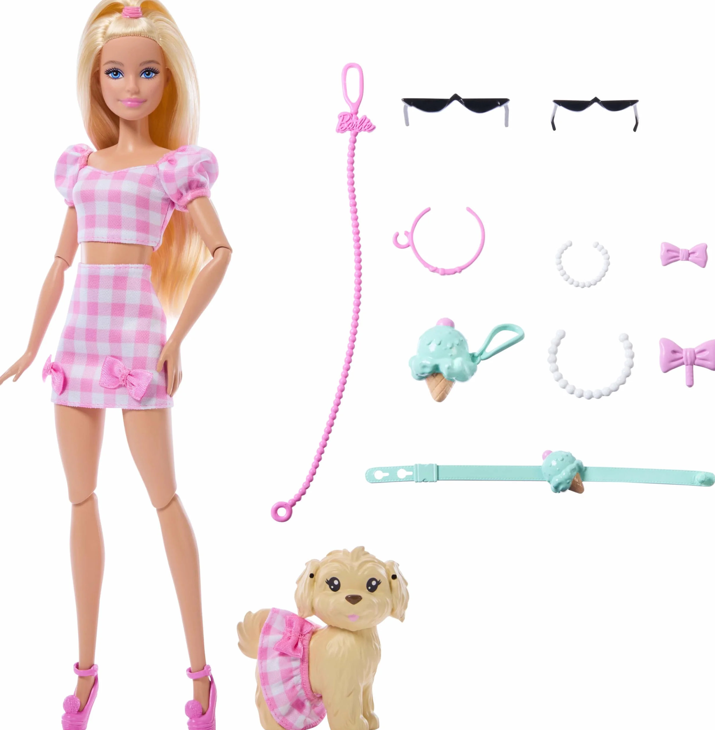 Barbie Twinning Looks Muñeca con perro mascota con ropa de vichy rosa a juego y accesorios como gafas de sol, collares y lazos, rubia, JFP36