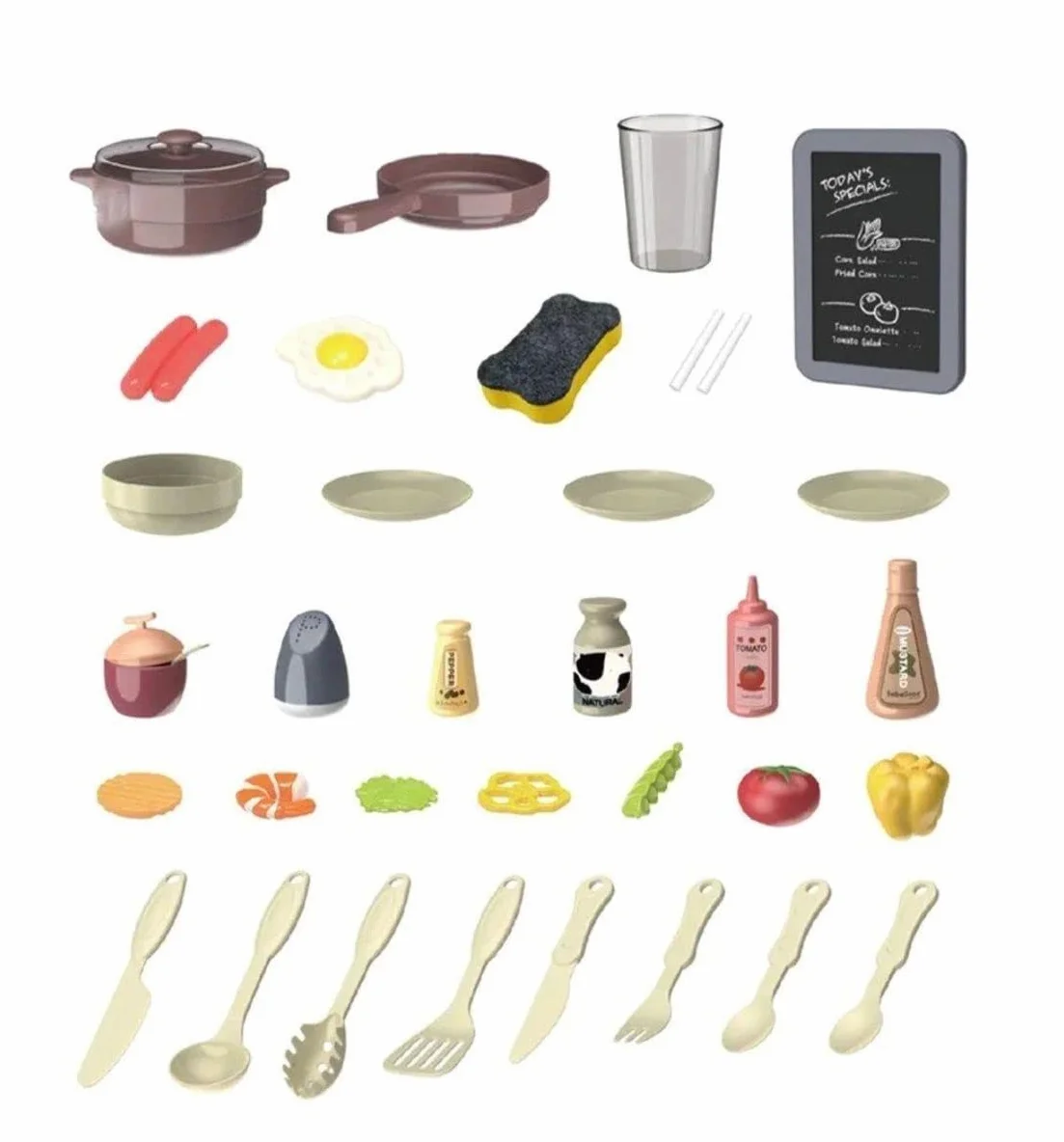Cocina de Juguete niños Unisex, Incluye 36 Accesorios, fogones eléctricos con simulación de Fuego, Grifo con Bomba de Agua, Pizarra y Mucho más Juguetes + 3 años (Marrón)