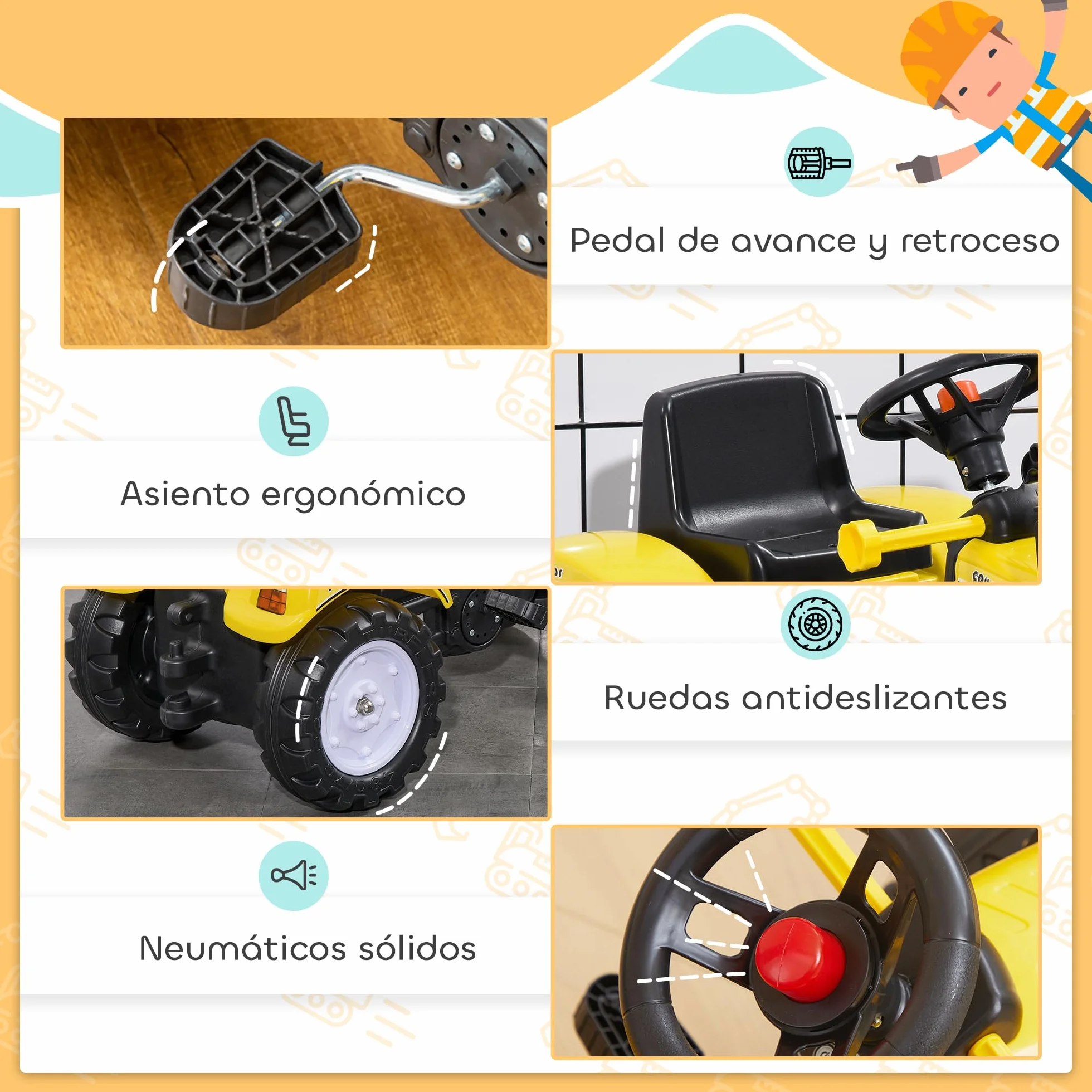 HOMCOM Tractor a Pedales para Niños de 3 Años Excavadora Camión con Pala Delantera Juguete de Montar Coche de Pedales Carga 35 kg 114x41x52 cm Amarillo