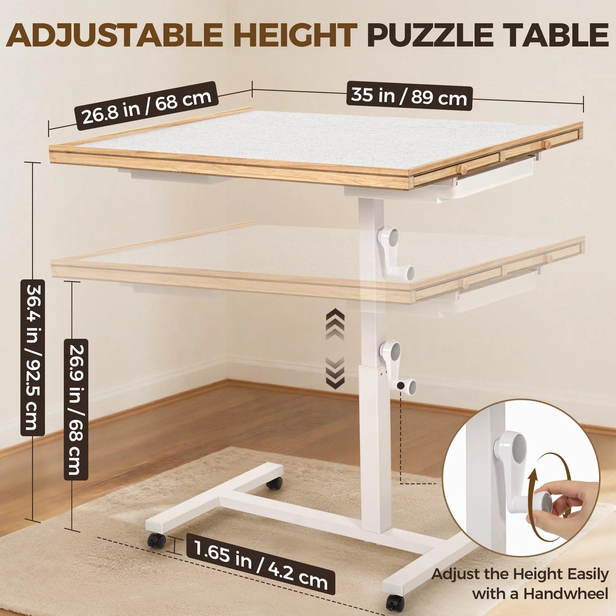 ROPODA Mesa Puzzle de 1500 Piezas, Tablero de Rompecabezas con Ajuste de Ángulo y Altura, Mesa de Rompecabezas con Seis Cajones, Tapa y Cuatro Ruedas, Puzzle Table con Pedestal Único, 89 x 68 cm