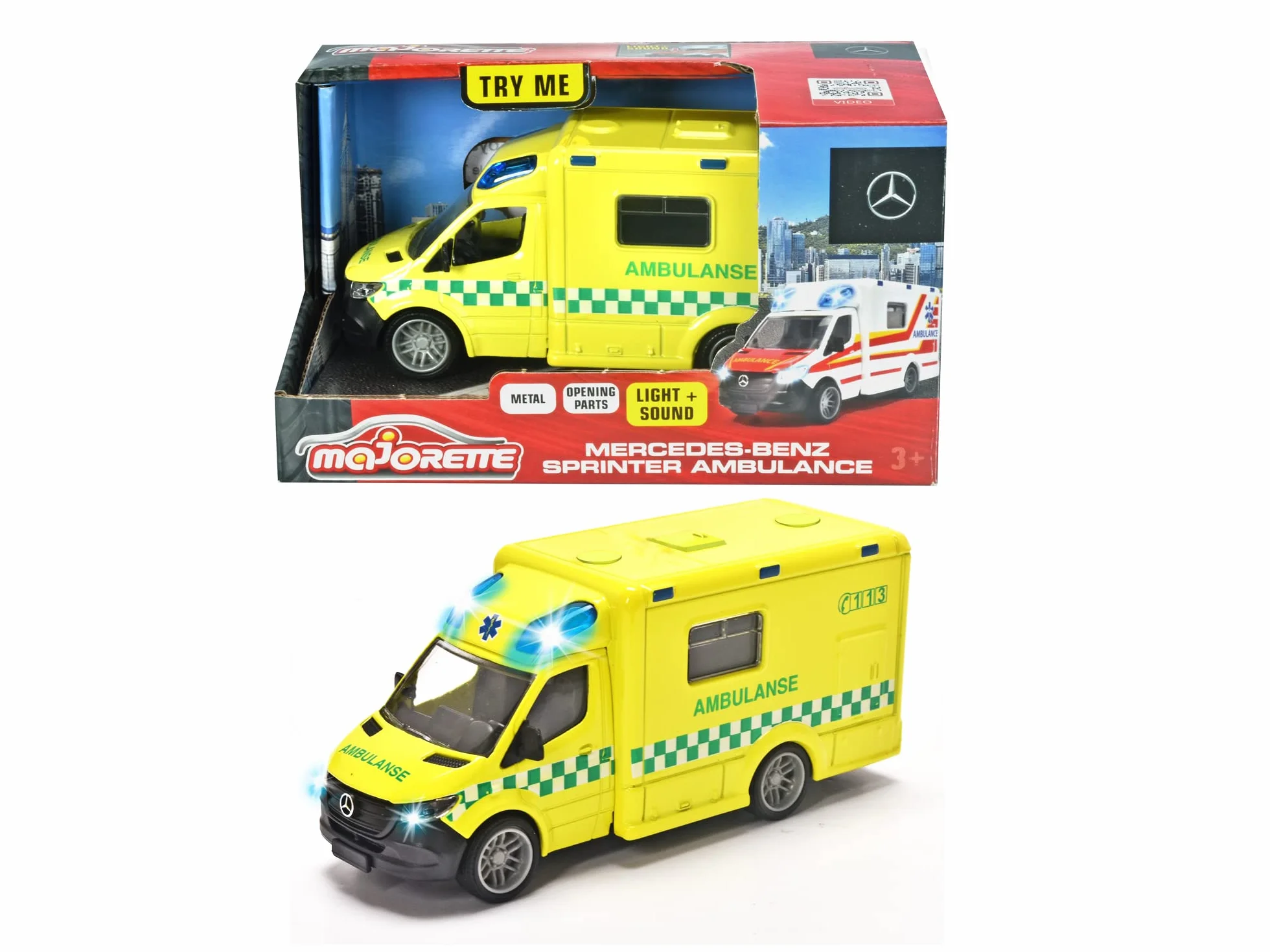 Majorette 213712001007 - Grand Series - Mercedes-Benz Sprinter Ambulancia Noruega - Ambulancia en Modelo Noruego con Rueda Libre, Metal, luz, Sonido, neumáticos de Goma Suave, 12,5 cm, 1:43, a Partir